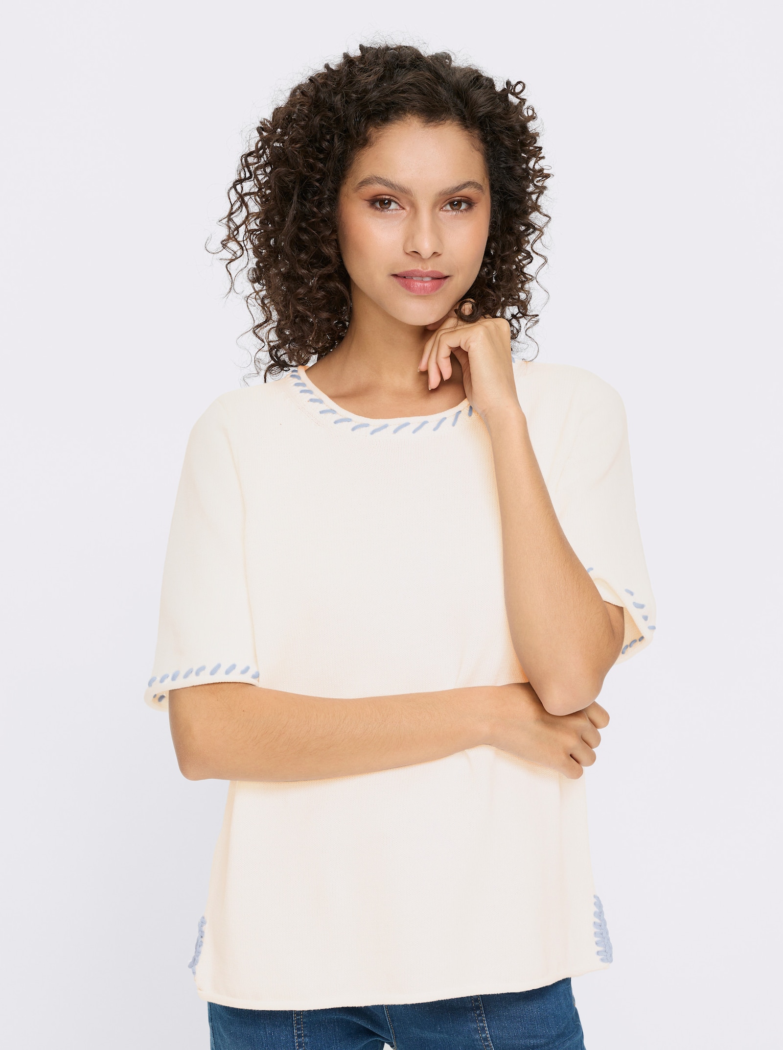 heine Kurzarmpullover mit Seitenschlitzen - weiss-hellblau