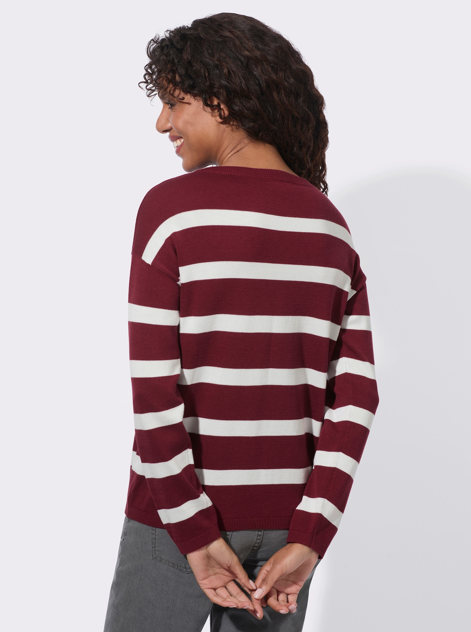  Feinstrickpullover mit U-Boot-Ausschnitt - dunkelrot-ecru-geringelt