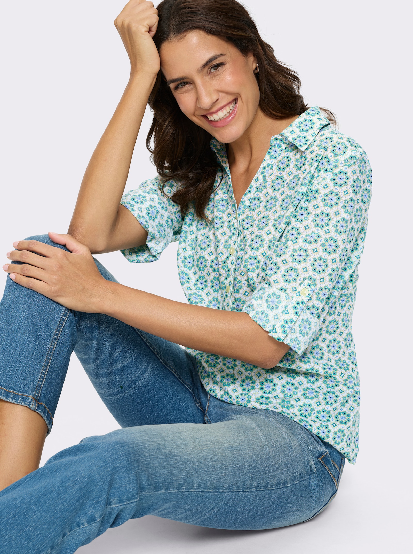 Druckbluse Falte hinten - weiss-pistazie-bedruckt