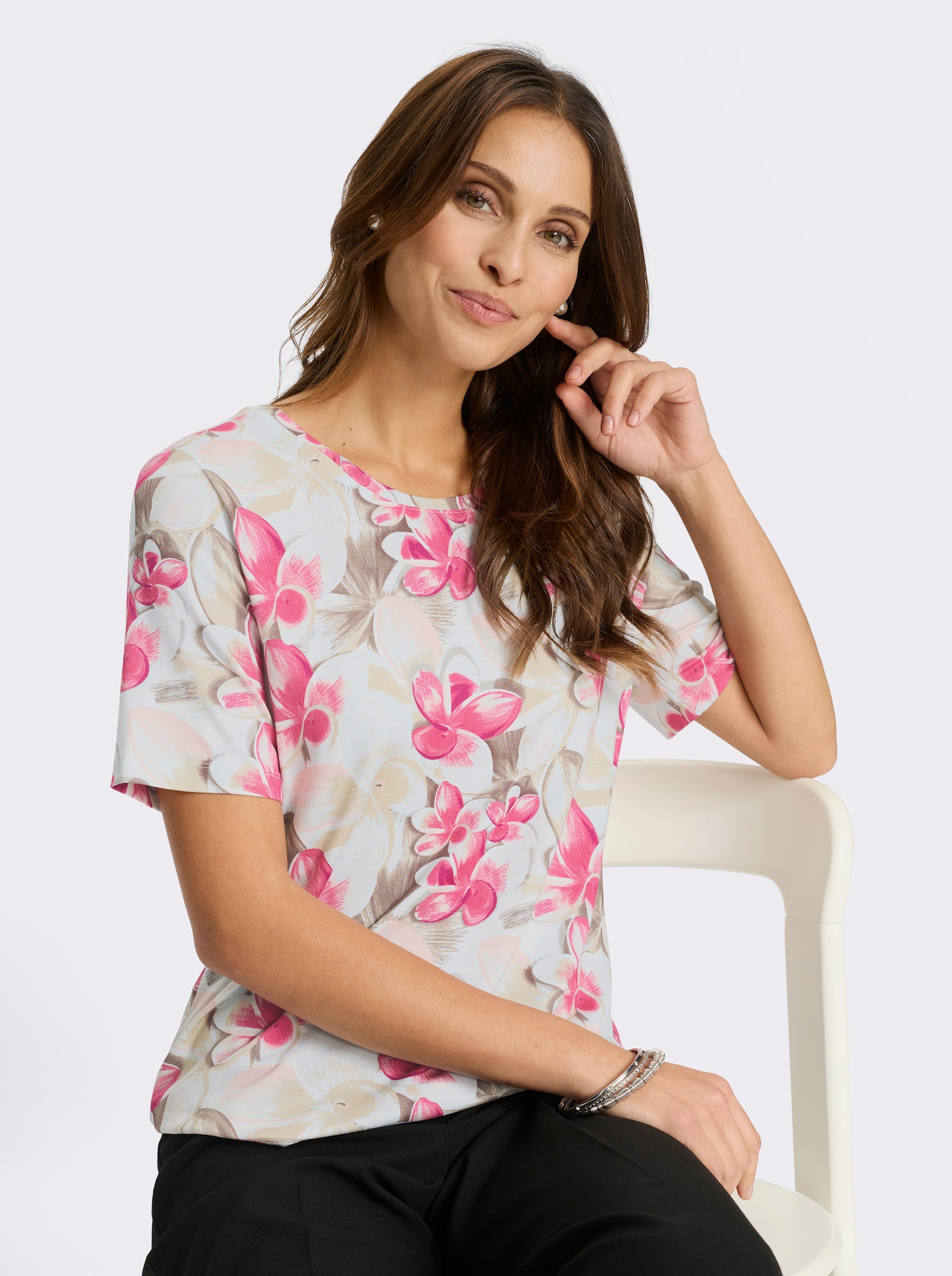 Rundhalsshirt - ecru-fuchsia-bedruckt