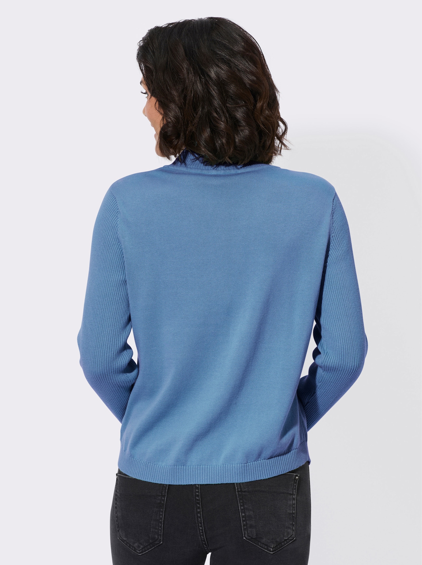 Stehkragenpullover mit Ärmeln in Ripp-Optik - mittelblau