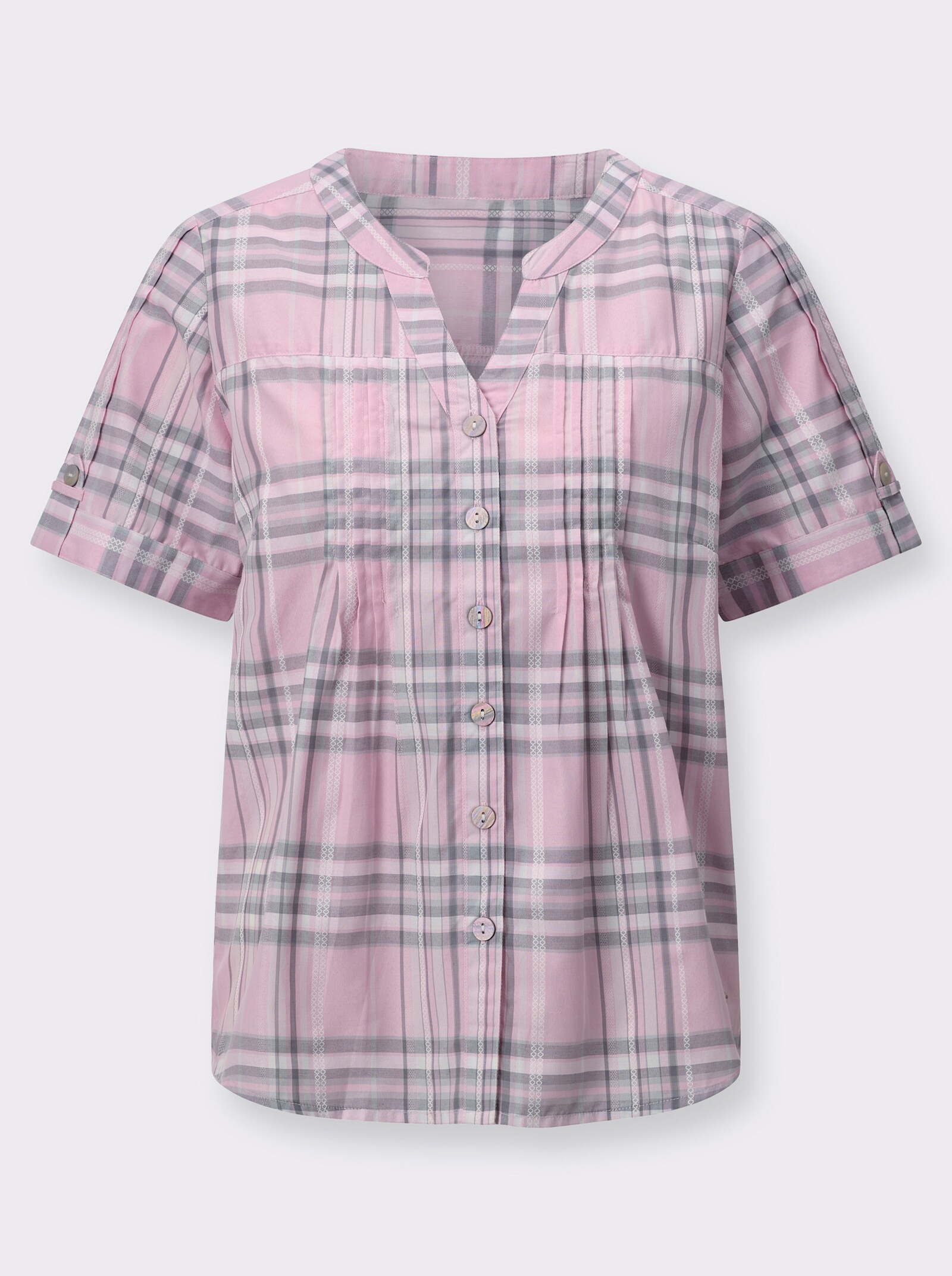 Karobluse im pflegeleichten Material-Mix - rosé-steingrau-kariert