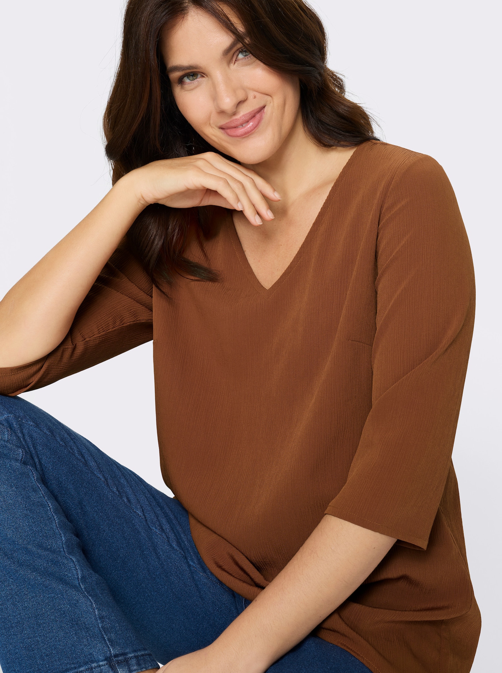 Comfortblouse met puntige zoom - cognac
