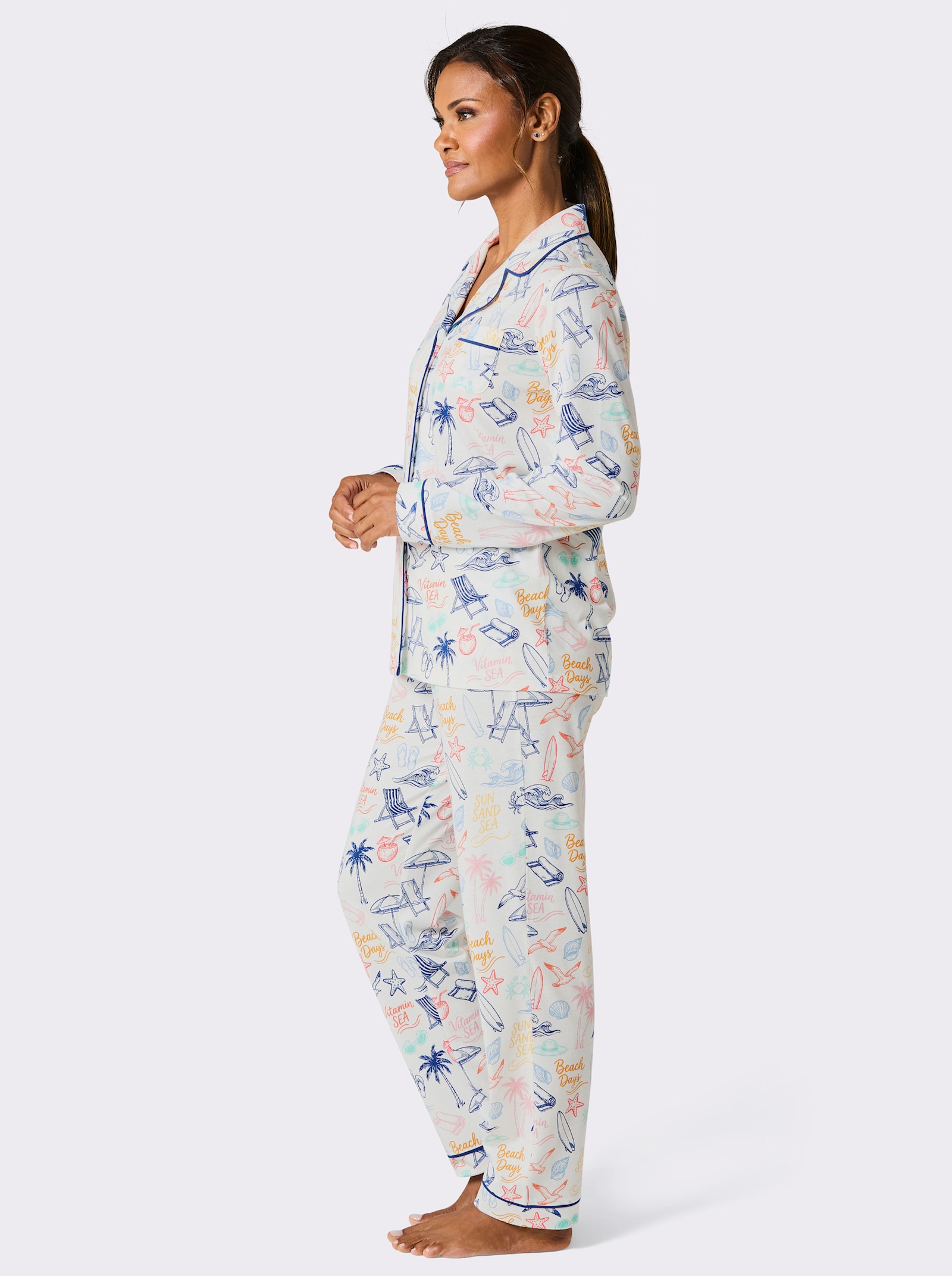 wäschepur Pyjama mit Muster-Print - ecru-royalblau-bedruckt