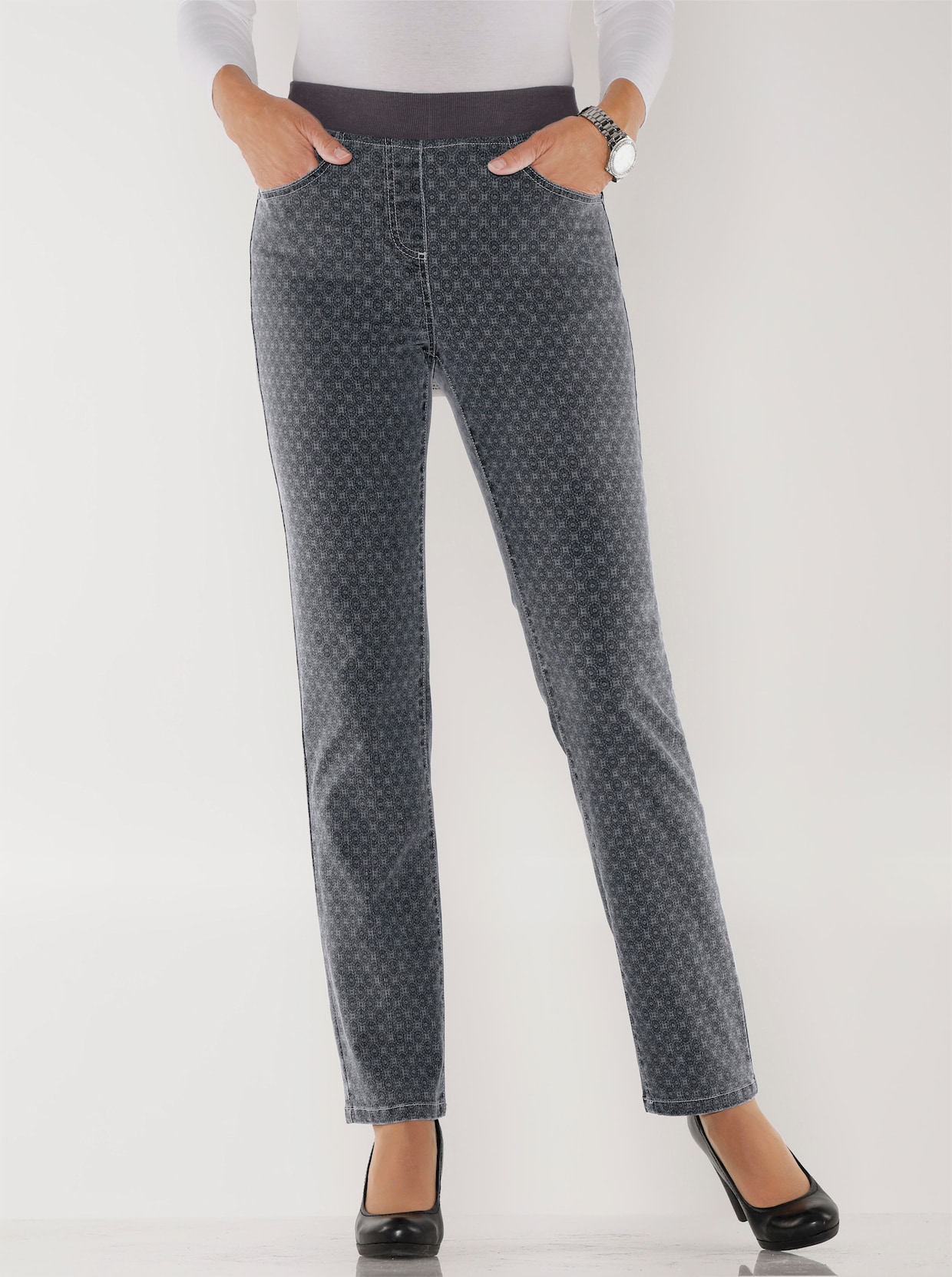 Schlupfjeans - grey-denim-bedruckt