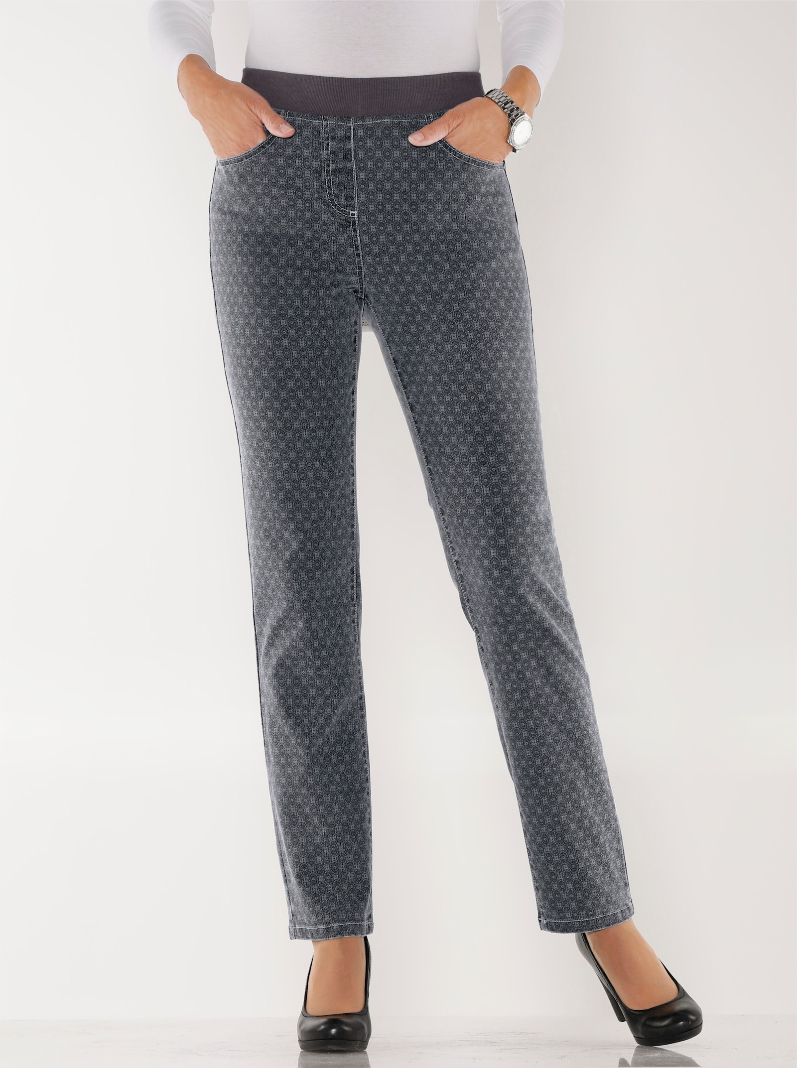 Comfortjeans met geribde comfortband van tricot - grey/denim bedrukt