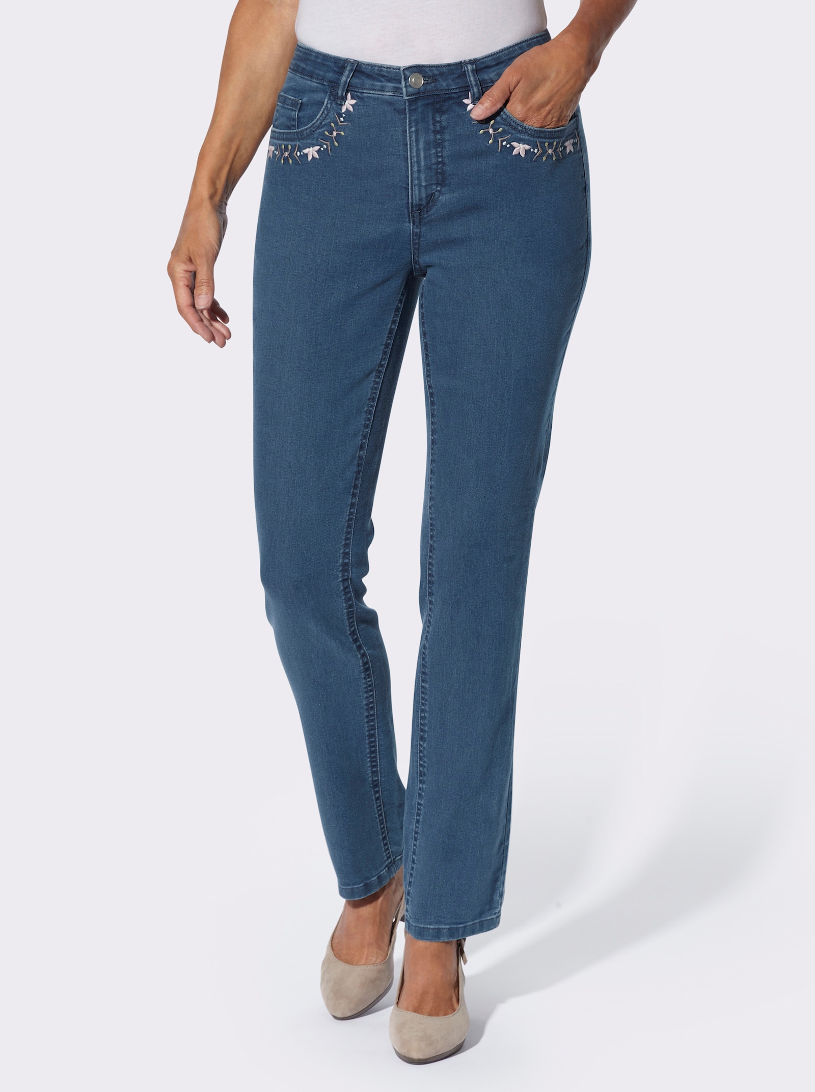 Jeans mit Stickerei an den Taschen - blue-stone-washed