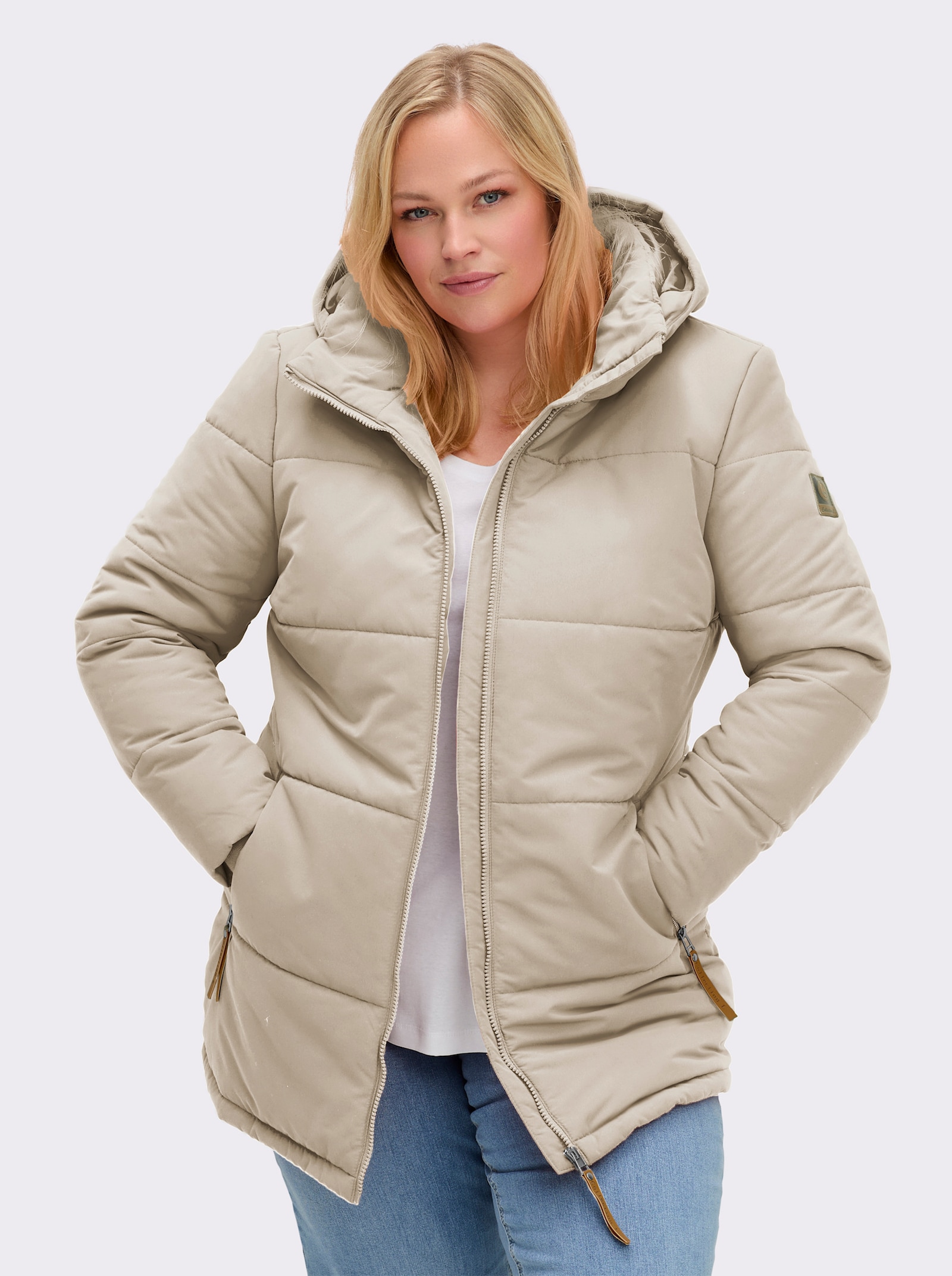 Outdoorjacke mit abnehmbarer Kapuze und Jersey-Bündchen - sand