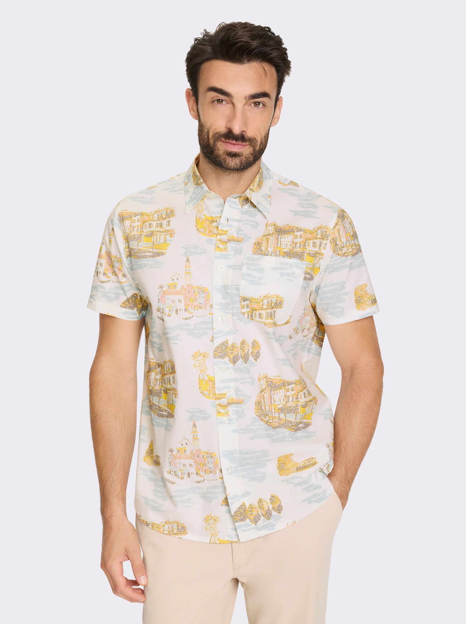 Marco Donati Kurzarmhemd mit Kentkragen - weiß-mint-bedruckt