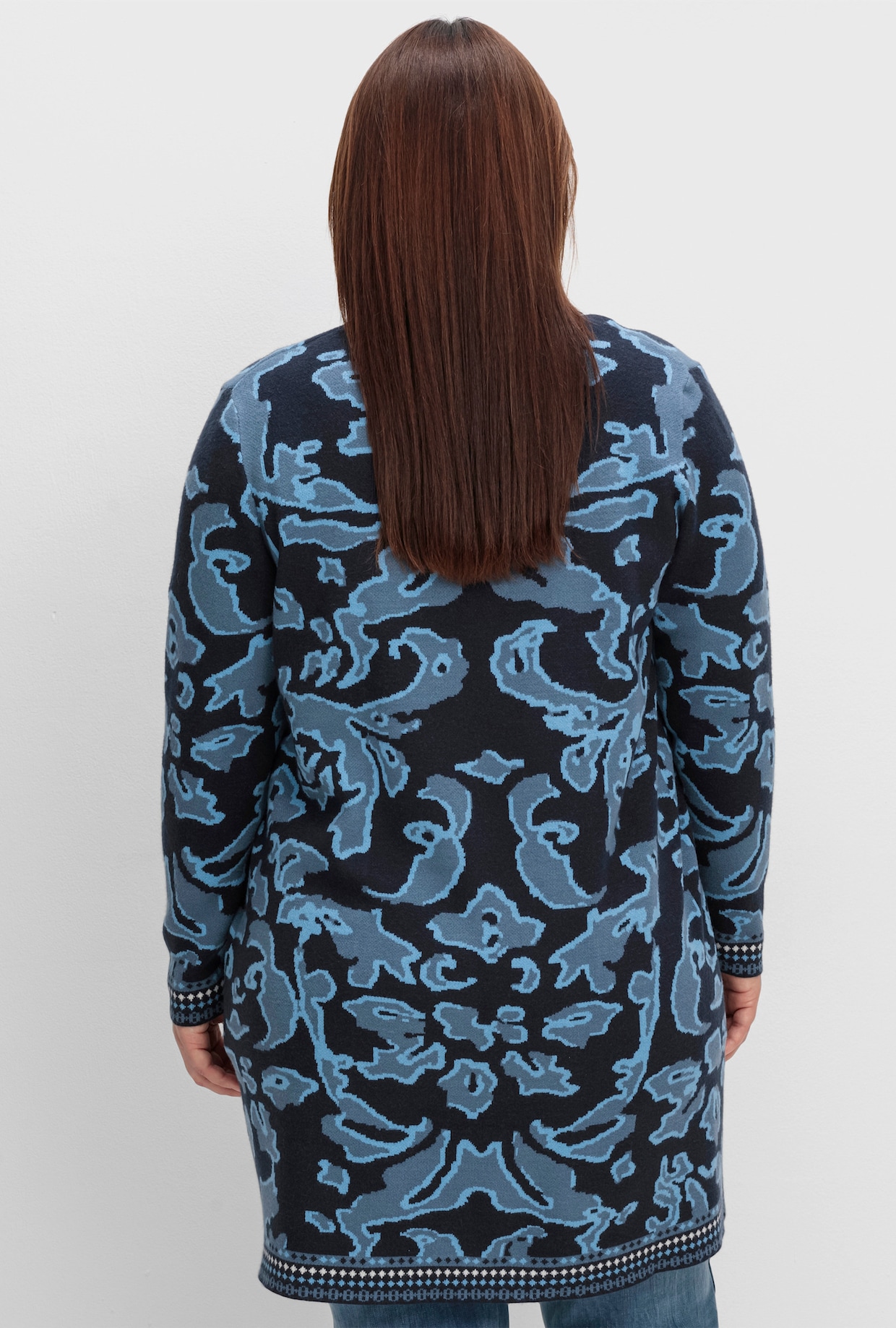 sheego Lang gebreid vest - diepblauw gedessineerd
