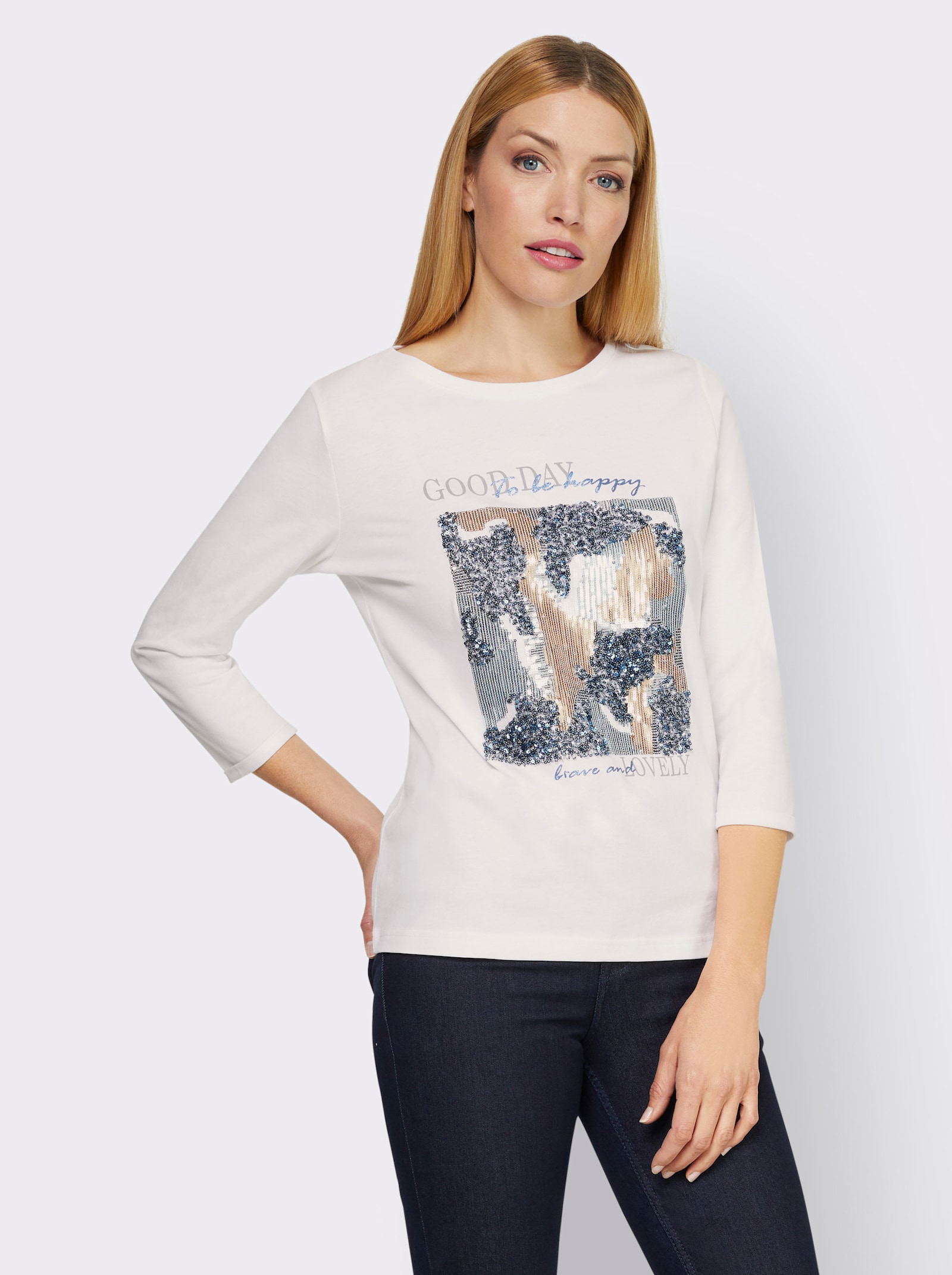 heine Shirt met 3/4-mouwen en opschrift - ecru