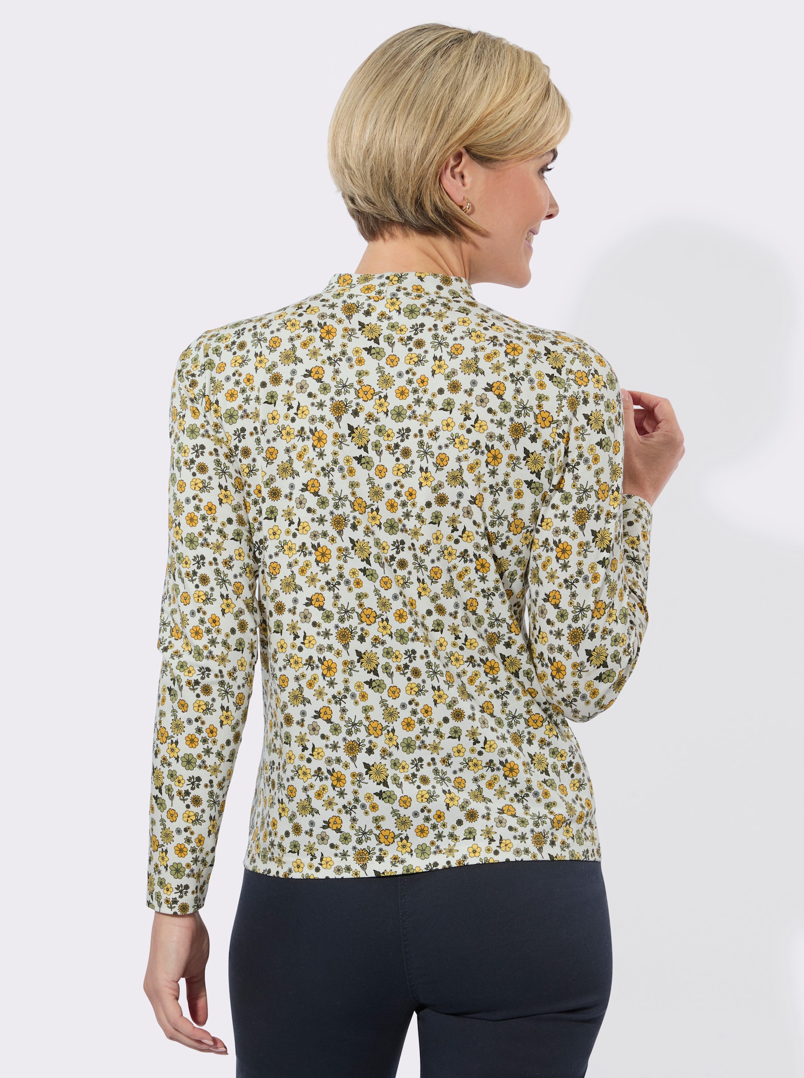 Stehkragenshirt im Minimal-Dessin - ecru-ocker-bedruckt