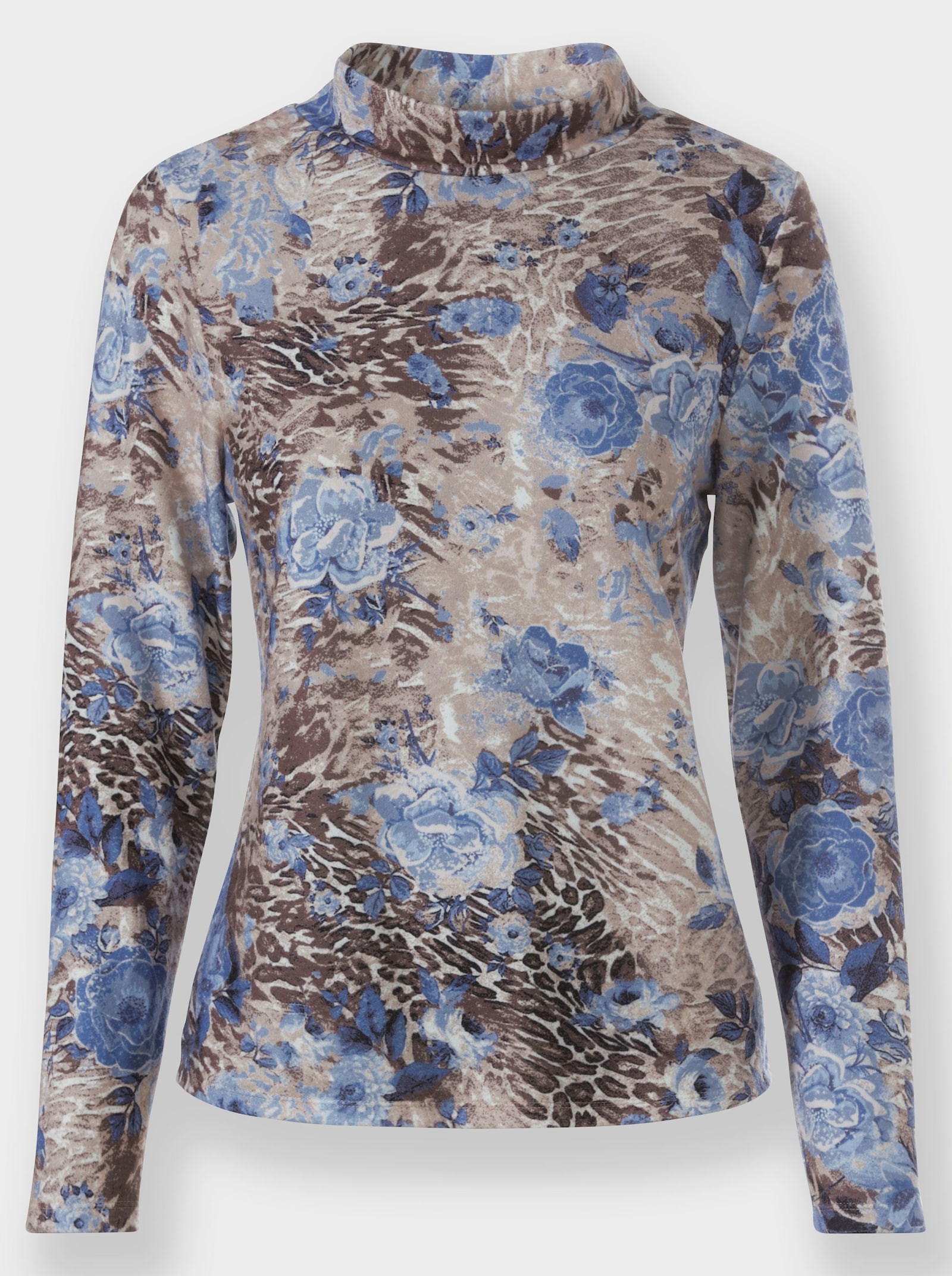 Stehkragenshirt in winterlicher Qualität - bleu-sesam-bedruckt