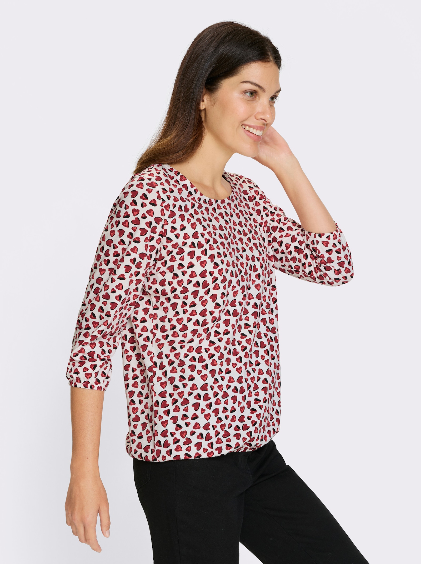 Topp med 3/4-ärm och hjärtmönster - ecru-röd-med tryck