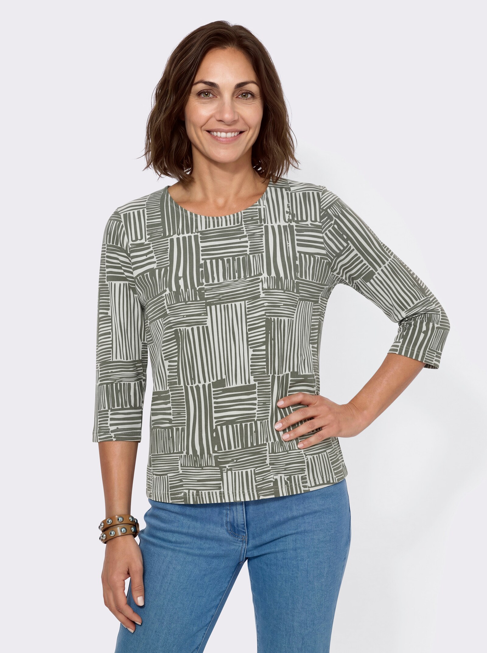 Print-Shirt mit 3/4-Ärmeln - khaki-ecru-gemustert