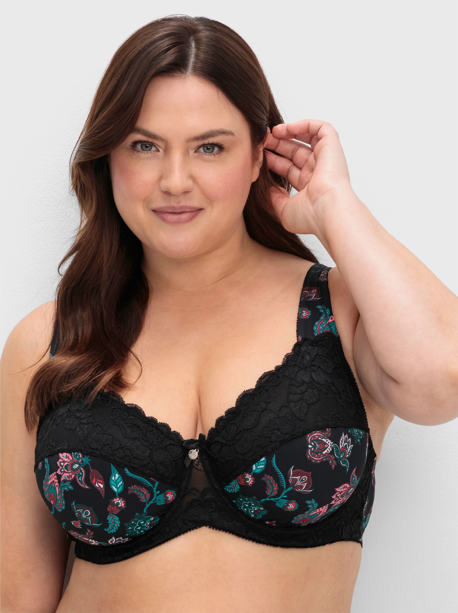 sheego Bügel-BH mit Paisleydruck und Spitze - schwarz bedruckt
