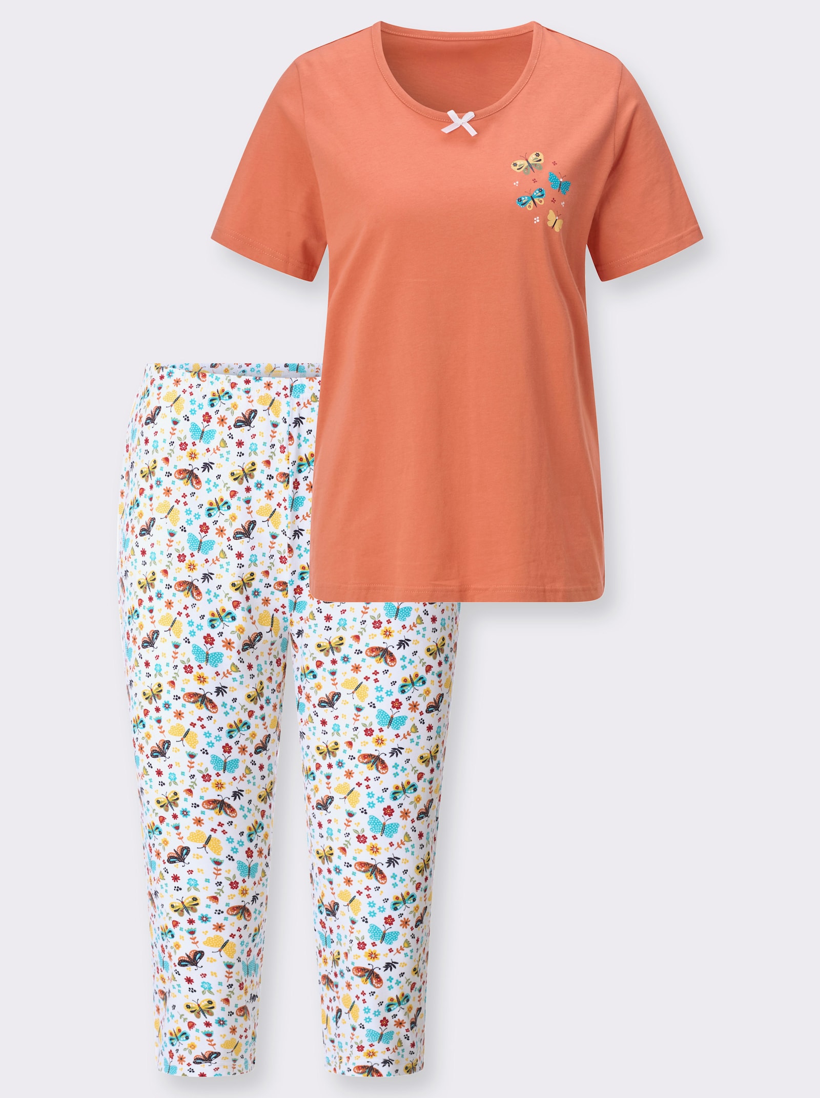 Capri-Schlafanzug mit Schmetterlings-Motive - papaya-weiß-bedruckt
