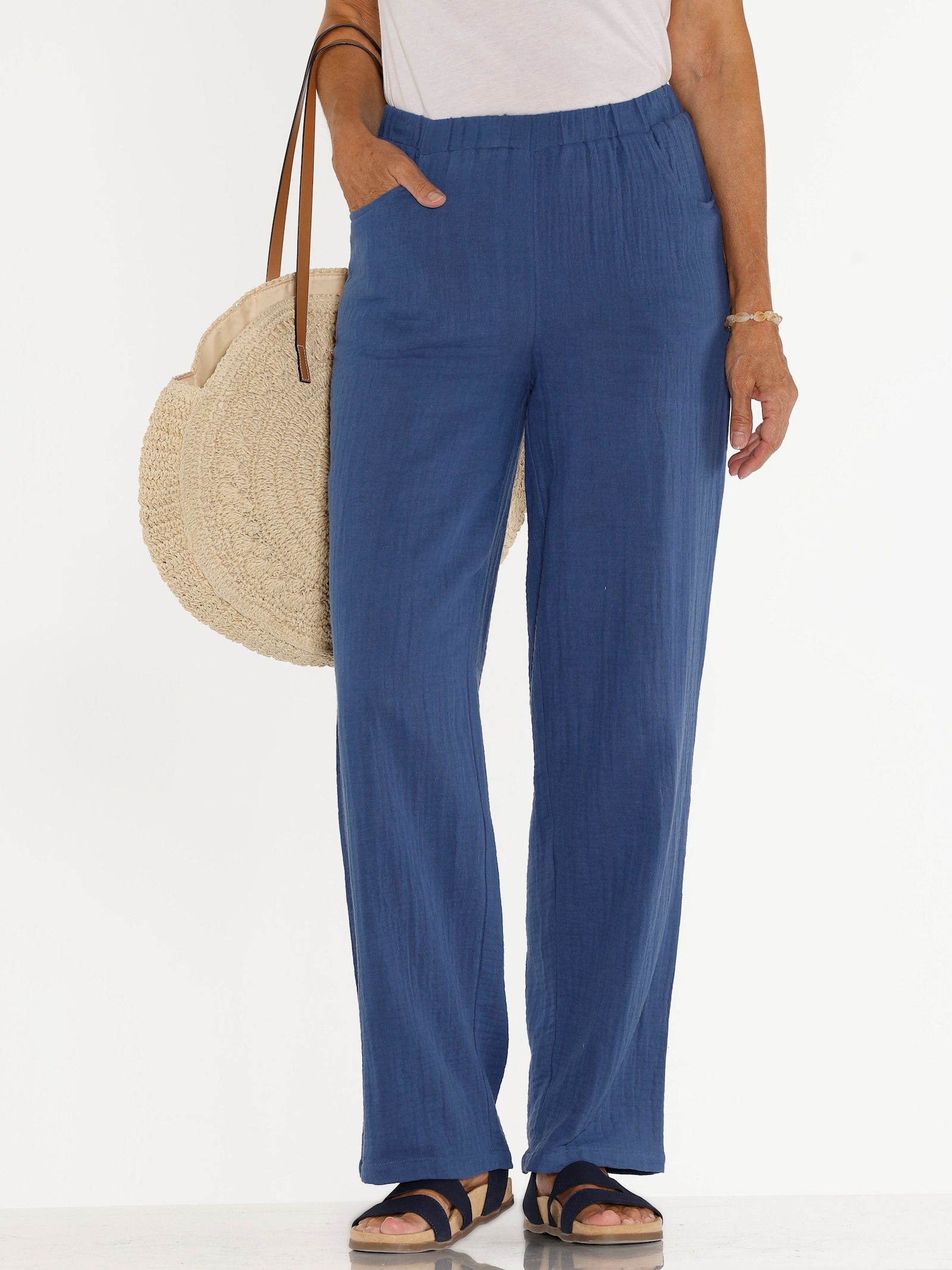 Comfortbroek van mousseline - jeansblauw