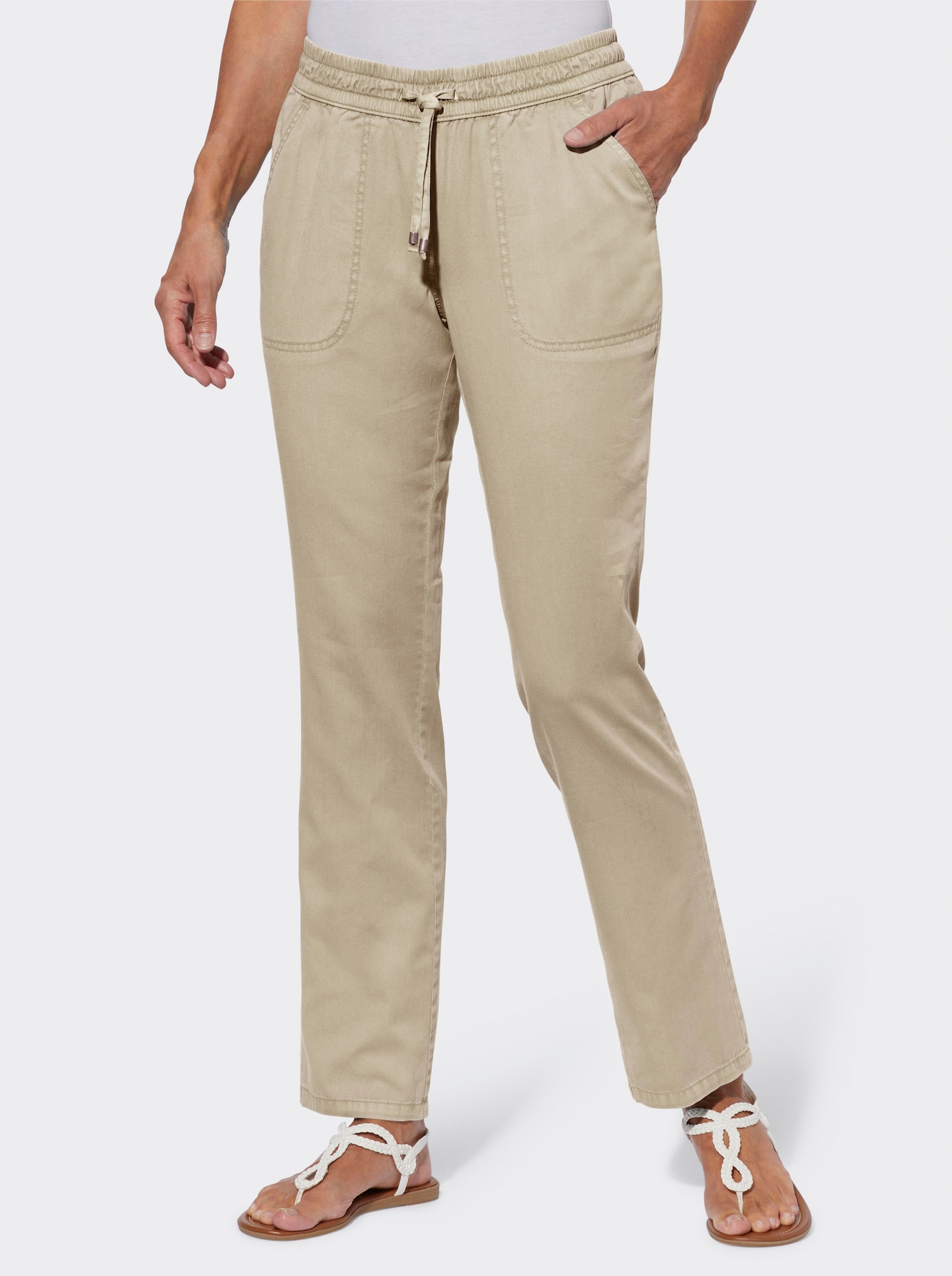 Comfortjeans met gesmokte band - zand