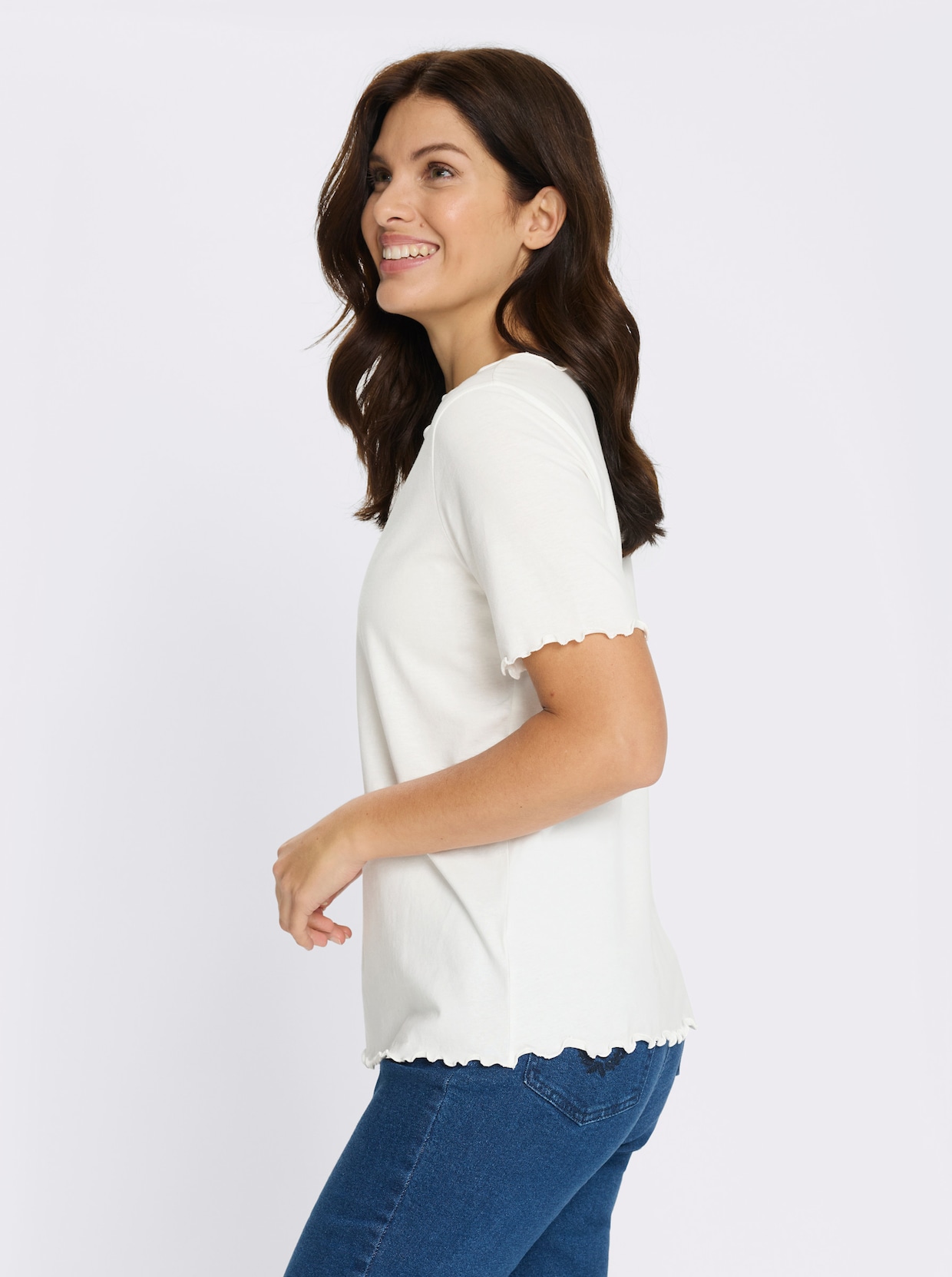 Kurzarmshirt mit gewellten Abschlüssen - ecru