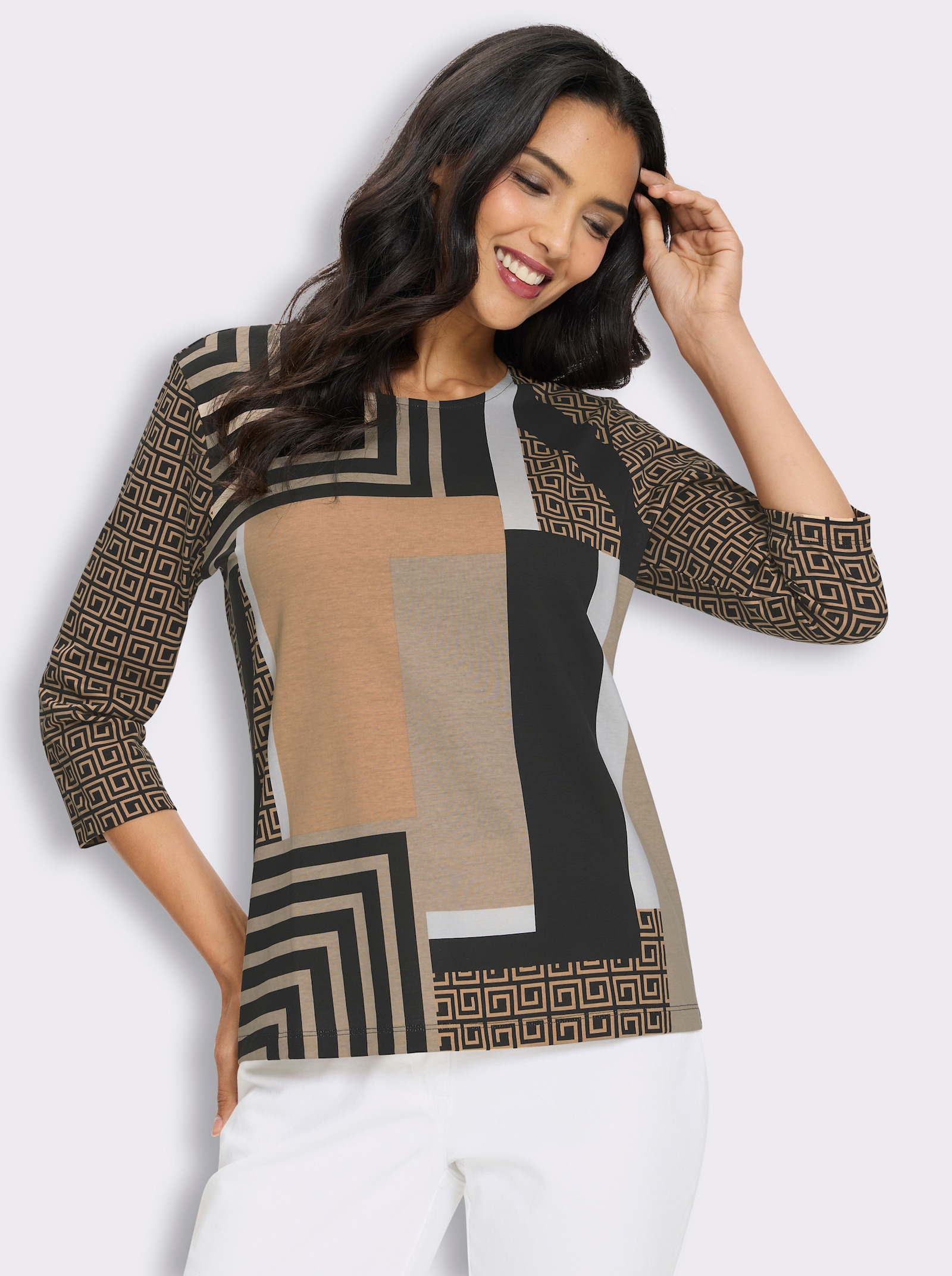 3/4-Arm-Shirt mit verschiedenen Grafik-Prints - camel-schwarz-bedruckt