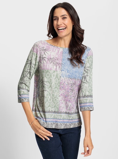 3/4-Arm-Shirt mit Bordürendruck - ecru-eucalyptus-bedruckt