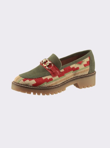 heine Slipper - khaki-rot-gemustert