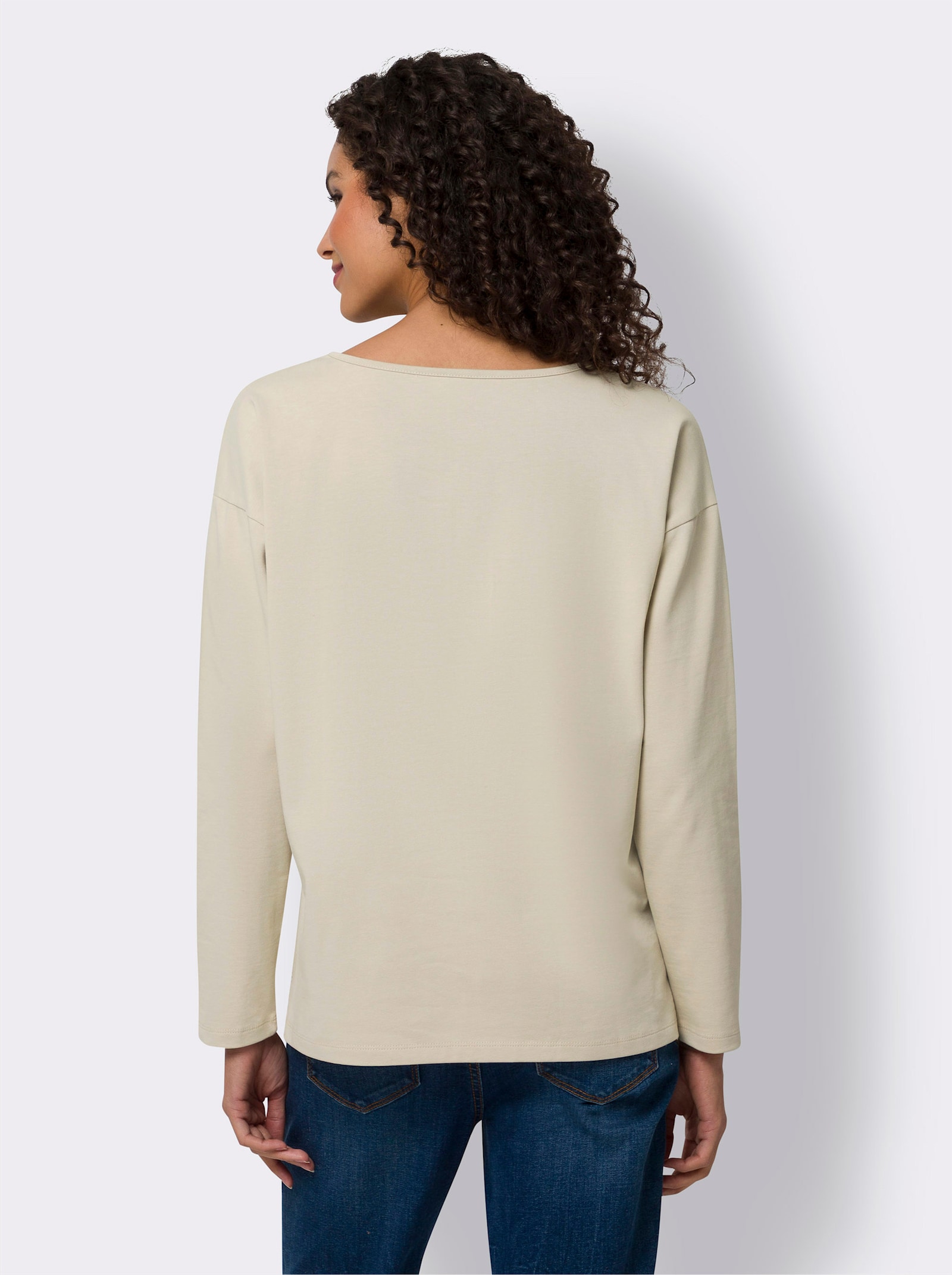 heine Shirt met V-hals en kant aan de zoom - zand