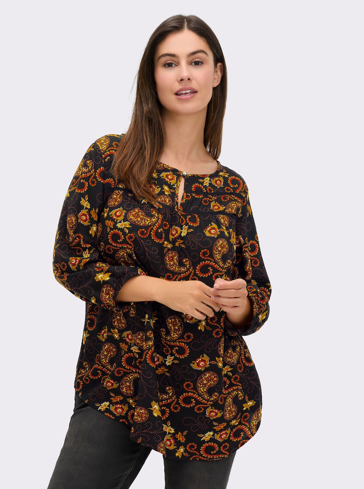 Schlupfbluse mit Paisleymuster, aus Viskose - schwarz-ocker-bedruckt