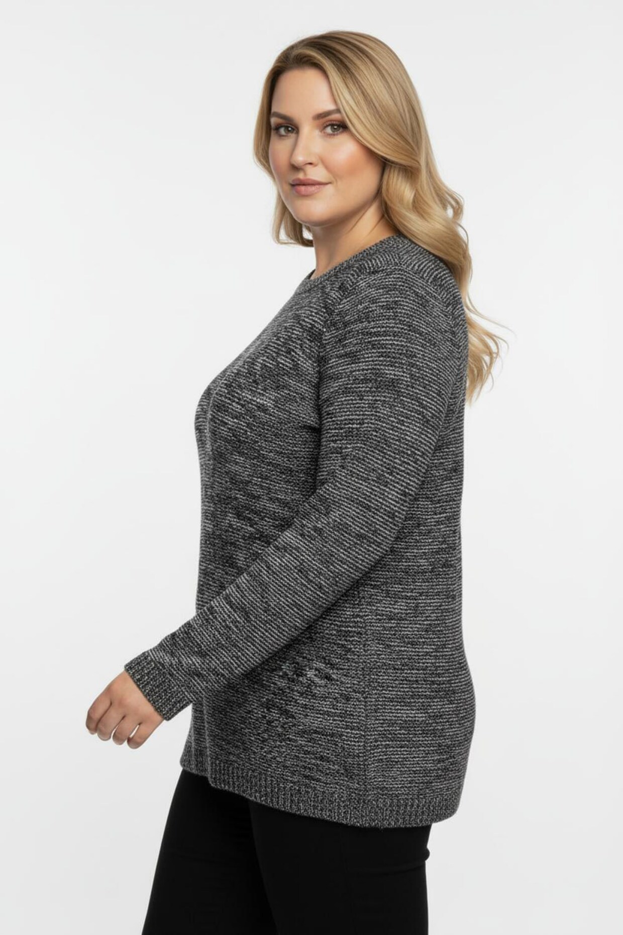 Rundhalspullover aus Melange-Strick - schwarz-meliert