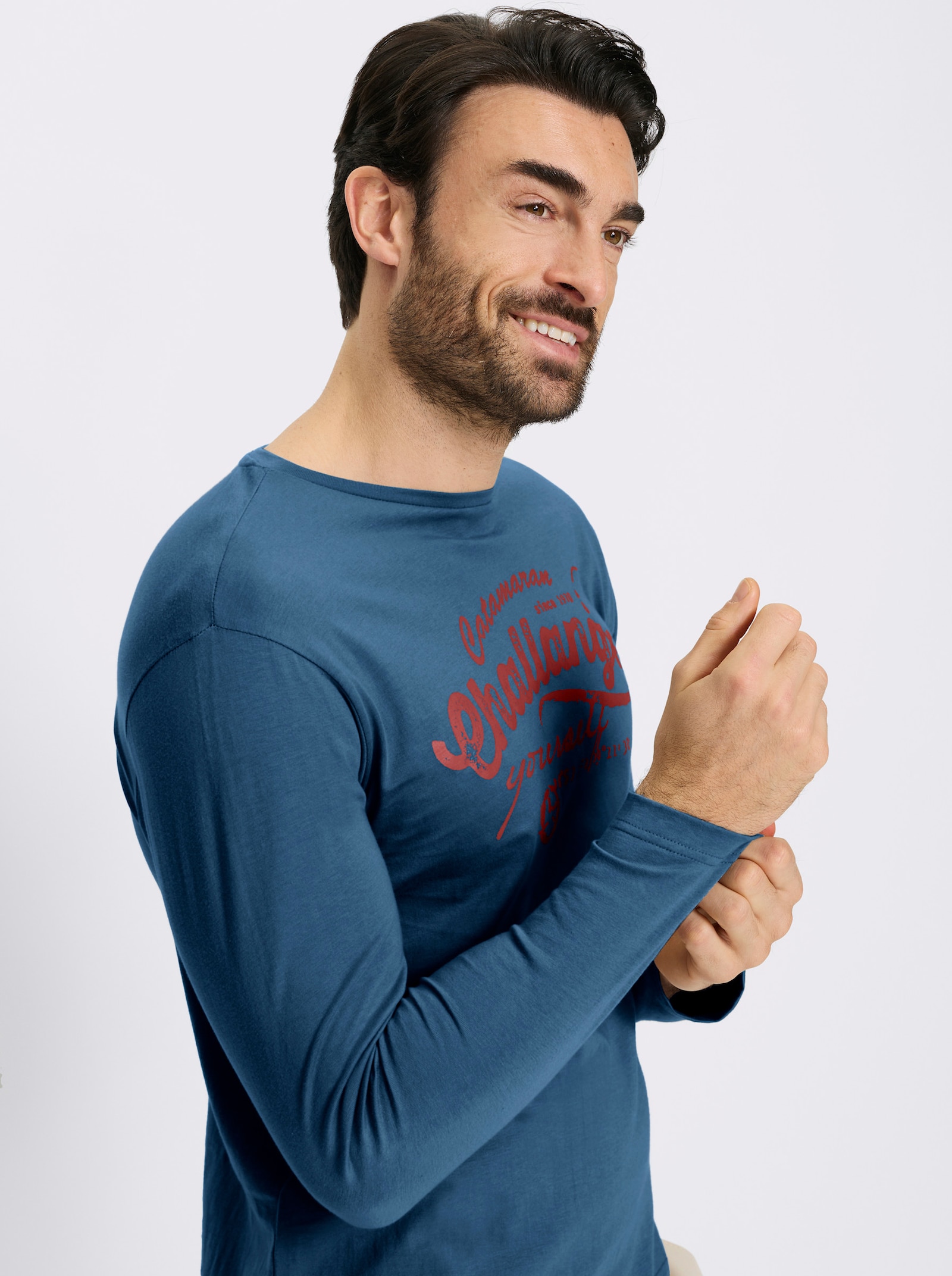 Catamaran Langarmshirt mit Front-Print - jeansblau-kirsche-bedruckt