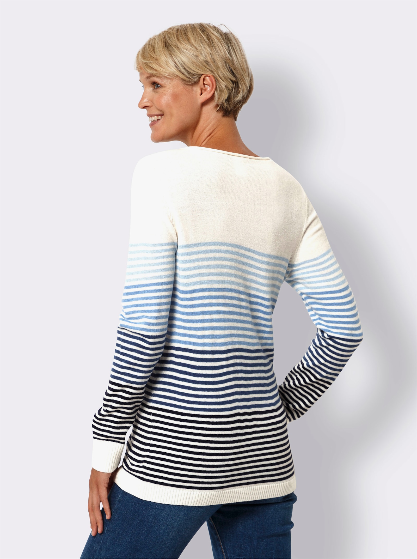 Proužkovaný svetr s rolovaným lemem na výstřihu - ecru-džínová modrá-proužek