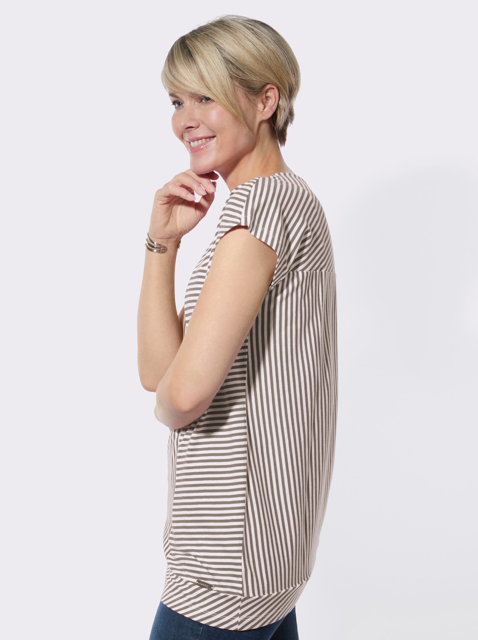Rundhalsshirt mit asymmetrischem Saum - sesam-weiß-geringelt