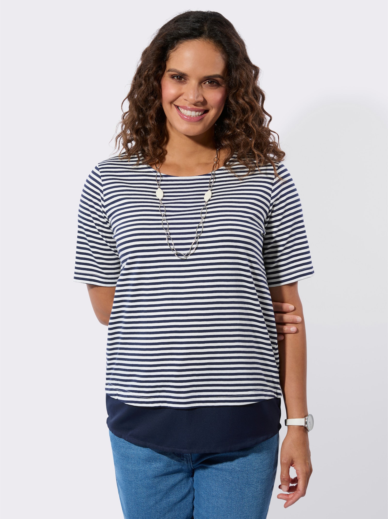 Ringelshirt im Lagen-Look - marine-ecru-geringelt