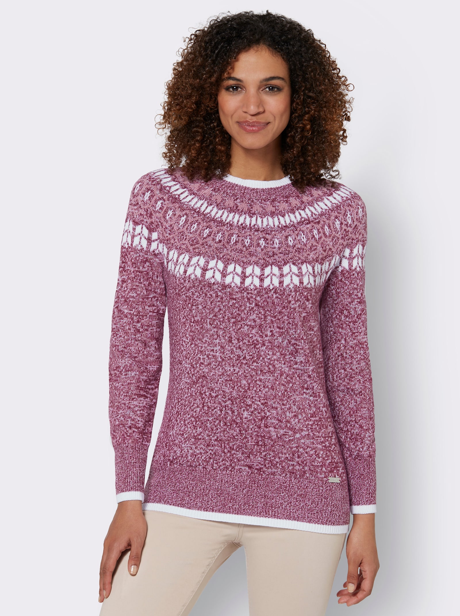 Norwegerpullover mit breiten Rippbündchen - bordeaux-altrosa-meliert