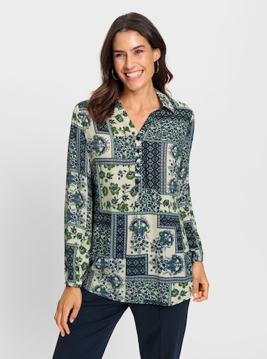 Longbluse im Patchwork-Muster - marine-champagner-bedruckt