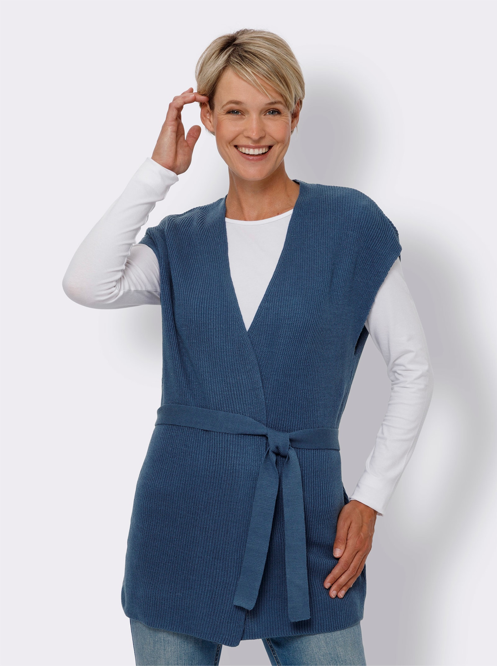 Pletená vesta, odstrániteľná viazačka - džínsová modrá
