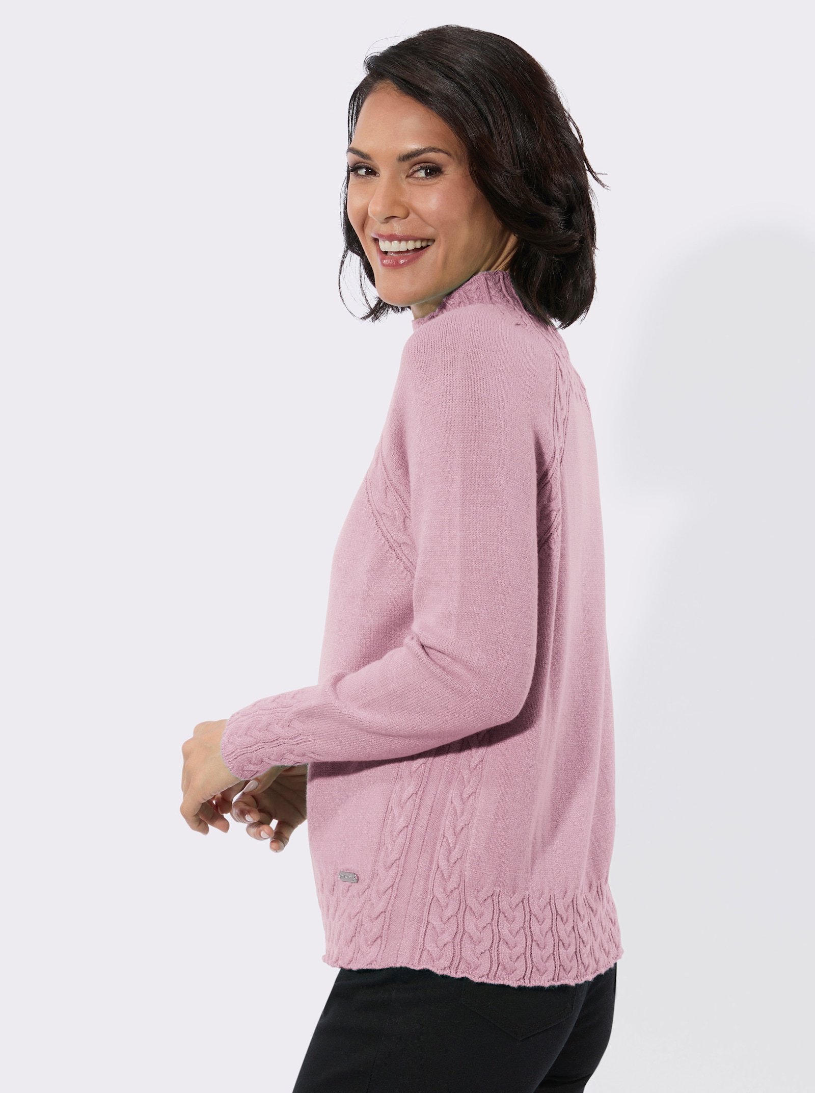 Stehkragenpullover mit Zopfmuster vorn - rosé