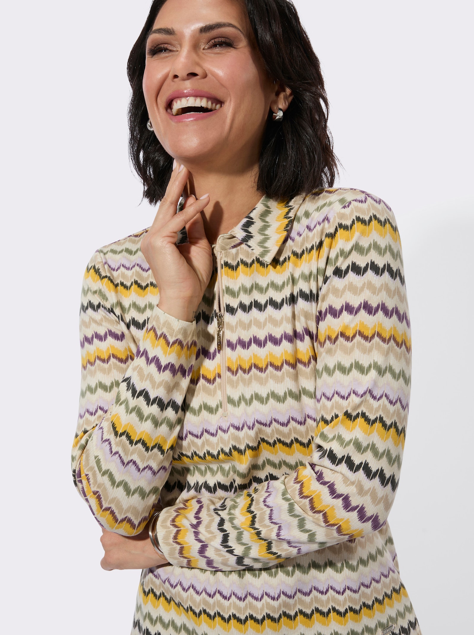 Poloshirt mit Reißverschluss - oliv-traube-gemustert