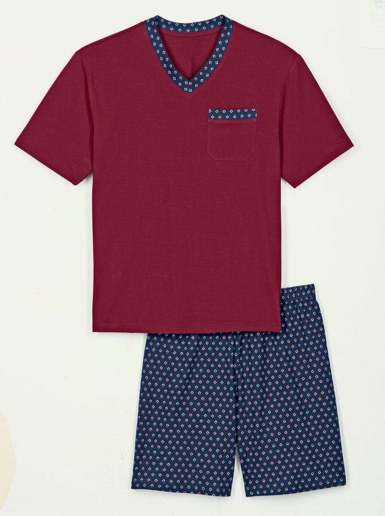 Krátké pyžamo - tmavěčervená-noční modrá-vzor