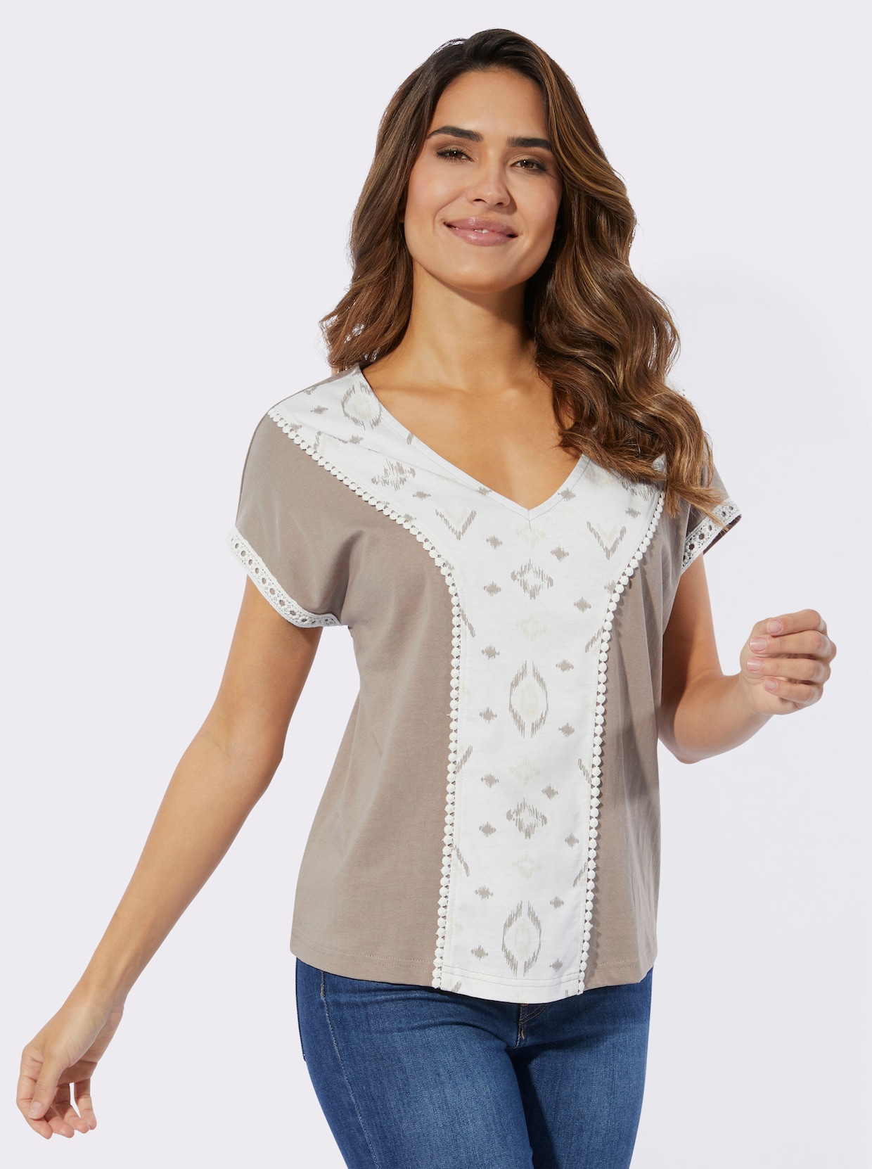 V-Shirt - taupe-ecru-bedruckt