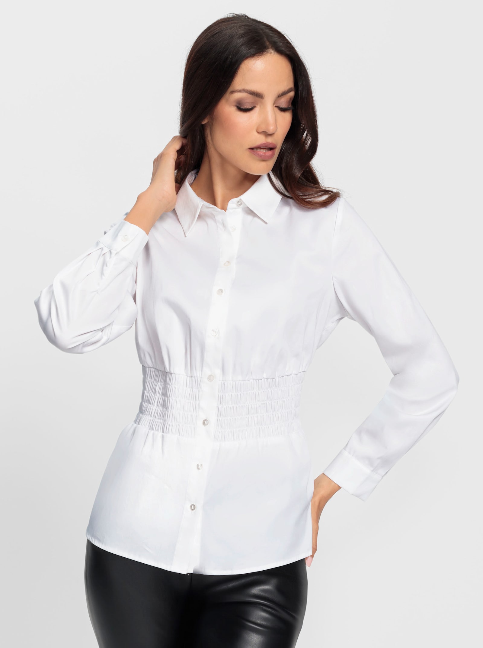 heine Hemdbluse mit Smok-Partie an der Taille - weiß