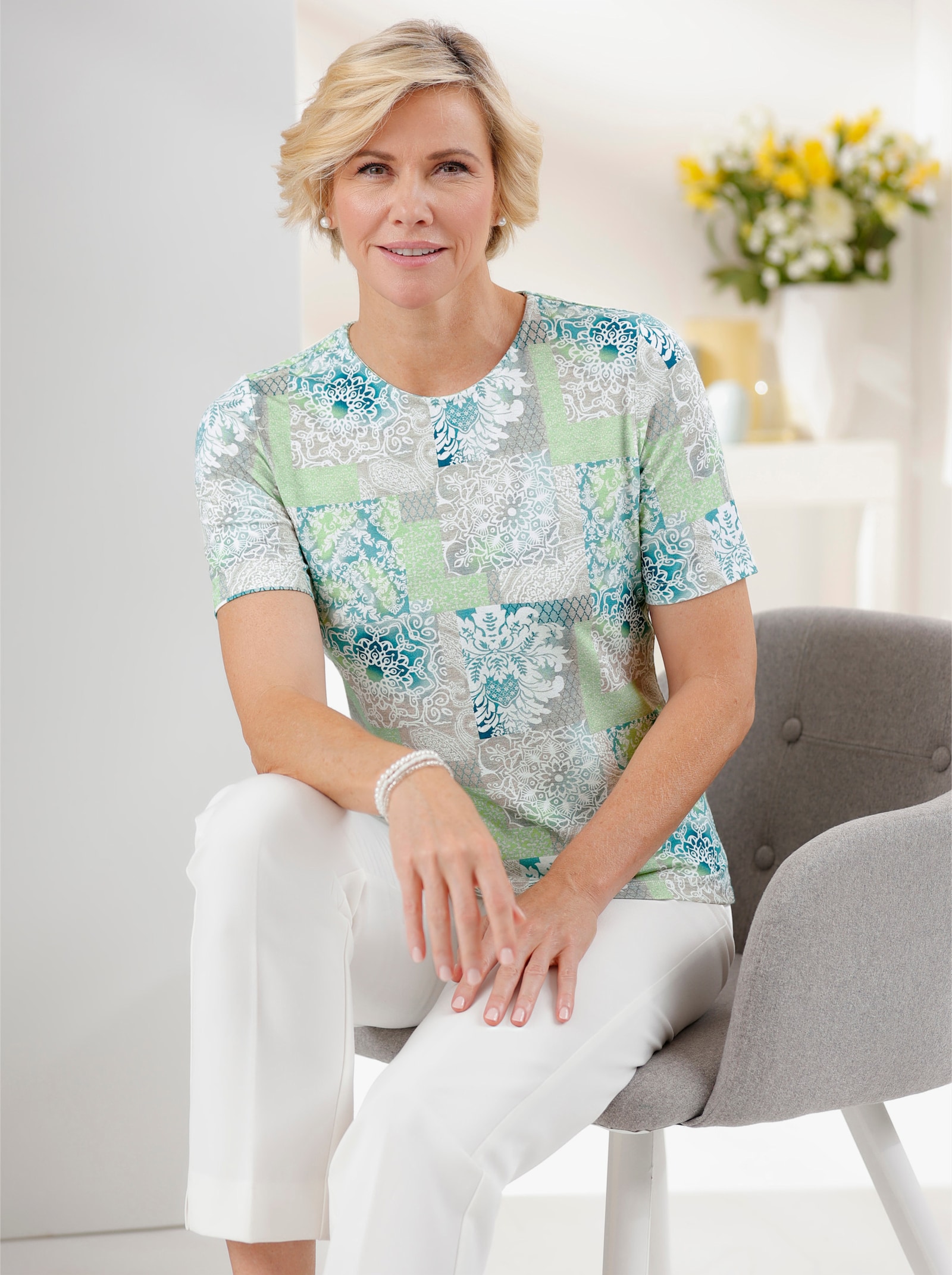 Tričko s krátkým rukávem se snadno kombinovatelným vzorem - limetkovo-mátová-světlešedá-potisk