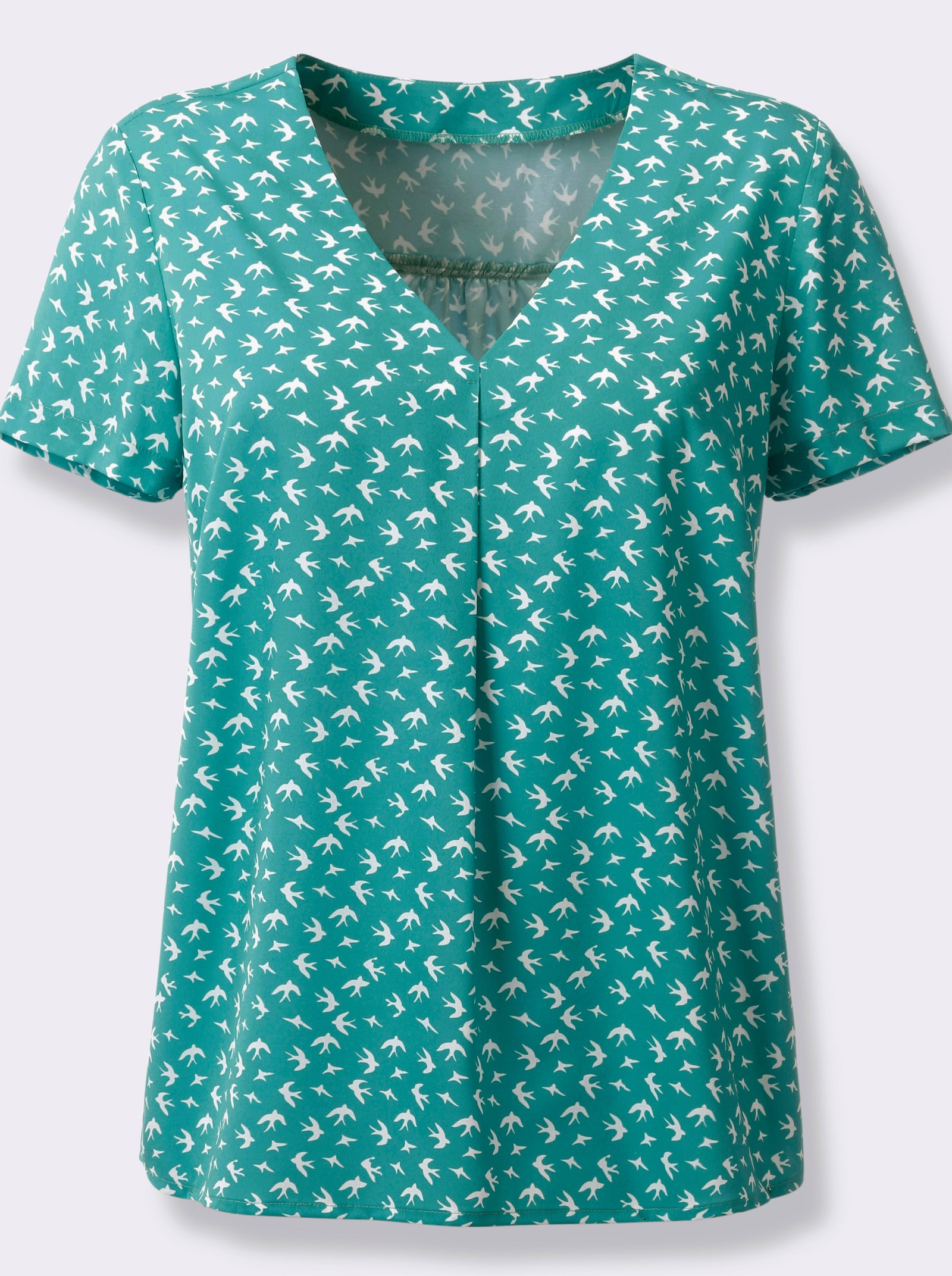 Comfortblouse met zwaluwpatroon - lagune bedrukt