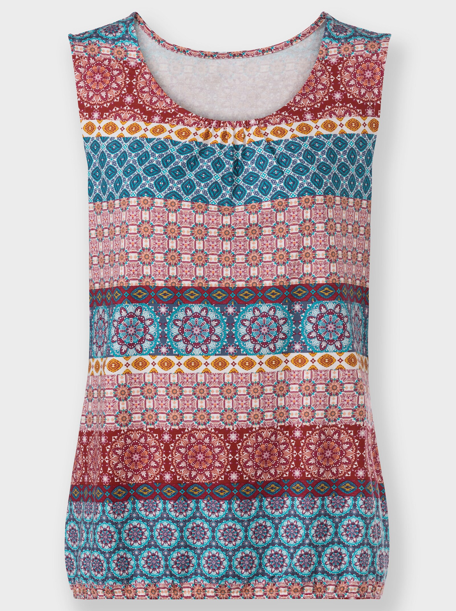Shirttop mit elastischem Saum - jeansblau-kirsche-bedruckt