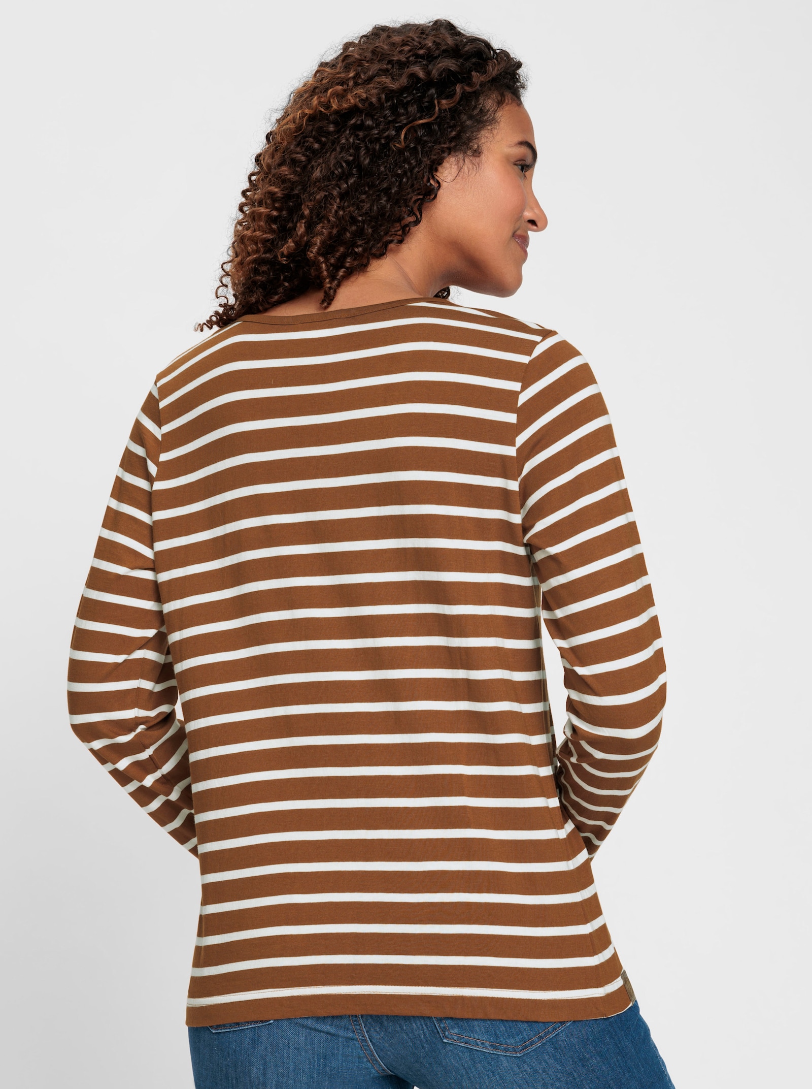 Ringelshirt mit Lederimitat-Patches - cognac-ecru-gestreift