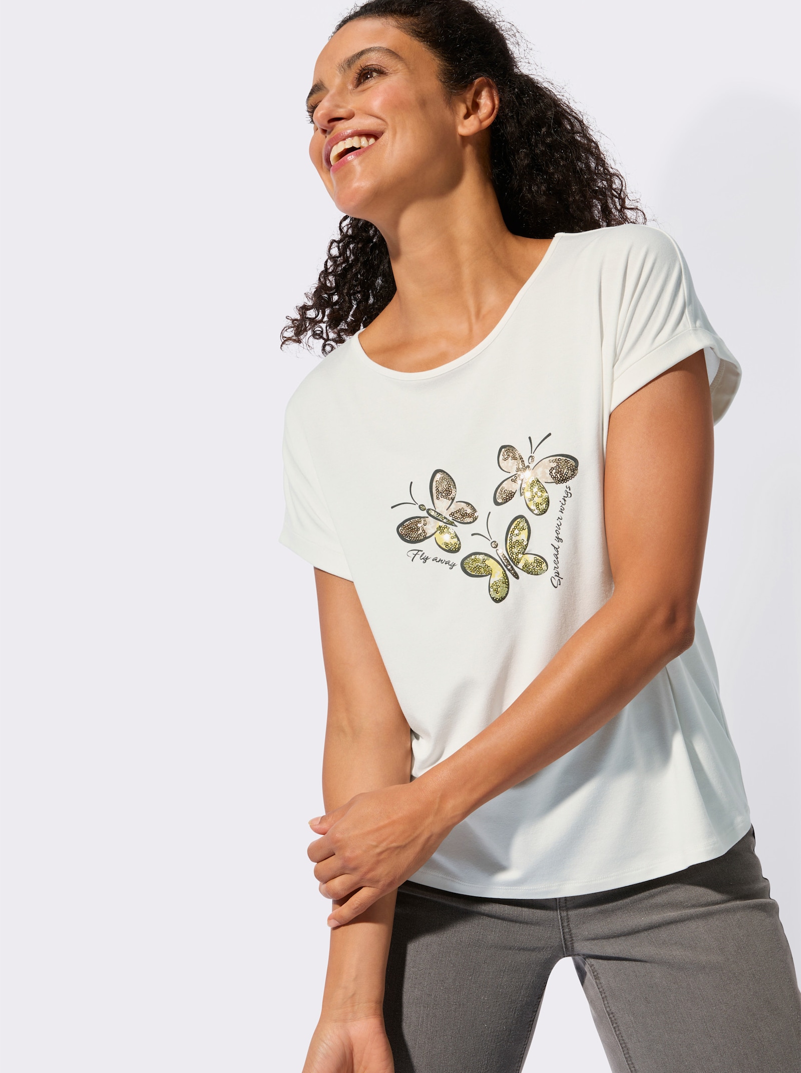 Rundhalsshirt mit Pailletten-Verzierung - ecru