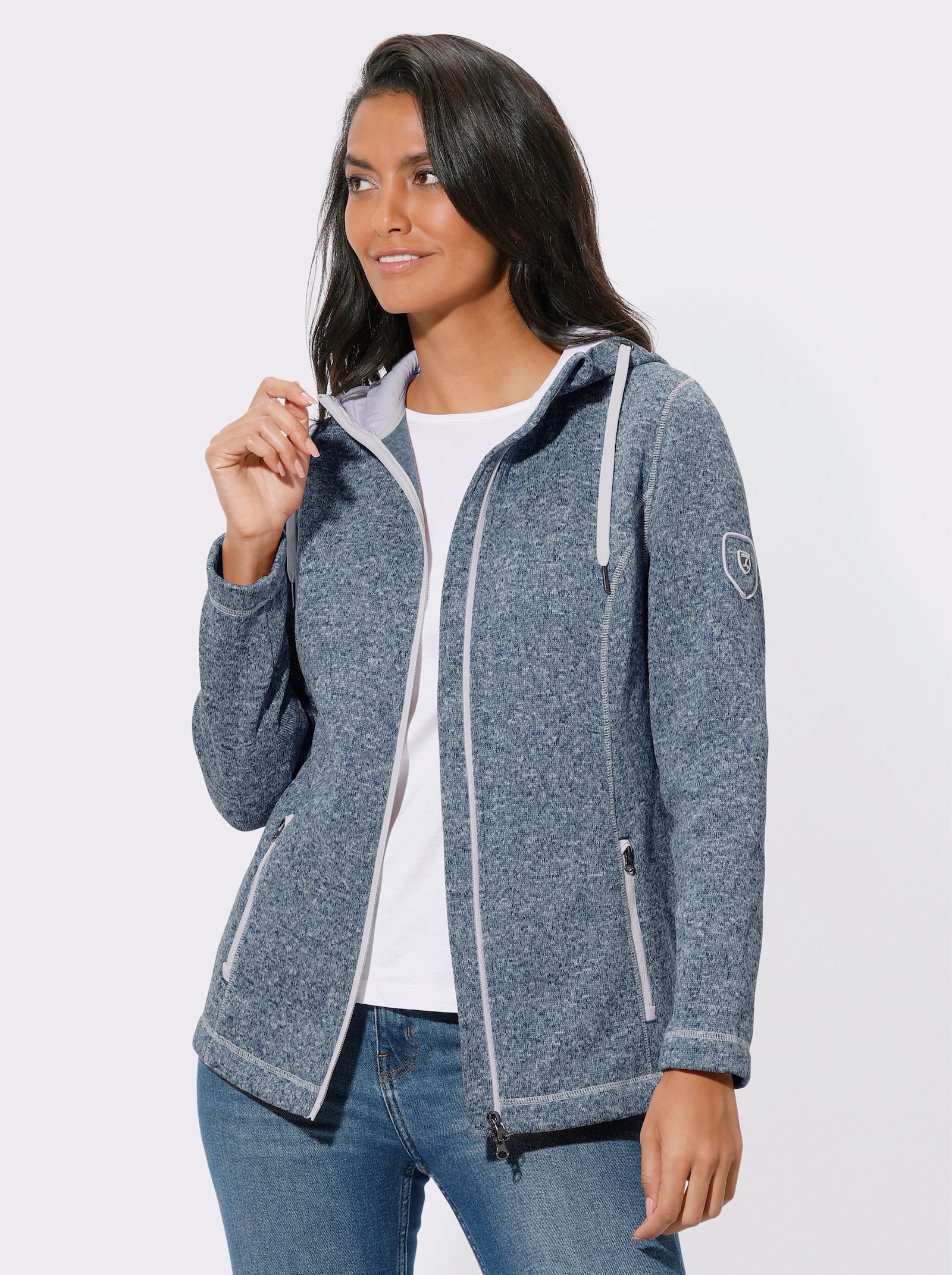 Strickfleece-Jacke mit Kapuze - jeansblau-ecru-meliert