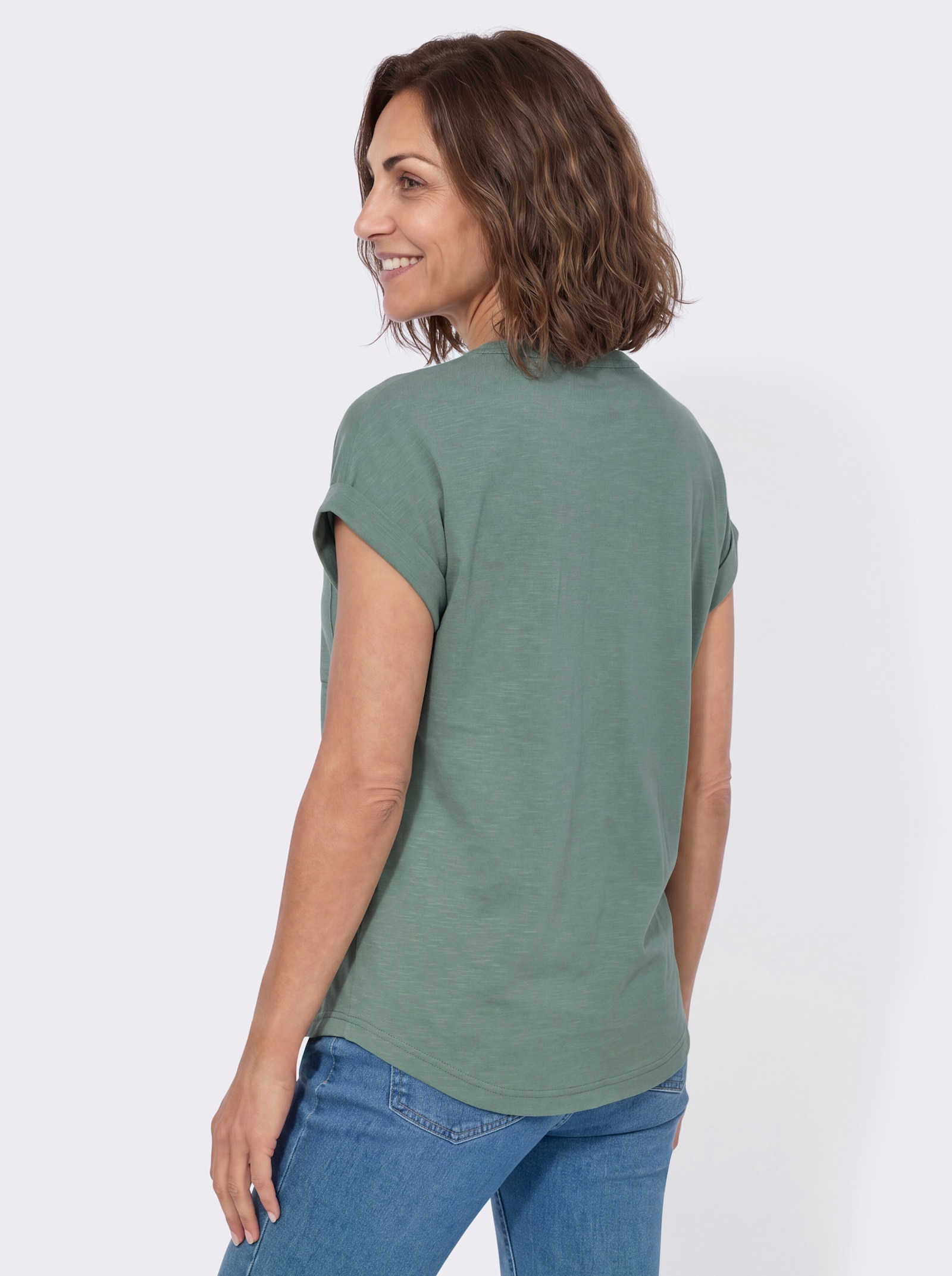 Kurzarmshirt mit Ärmelaufschlägen - jade