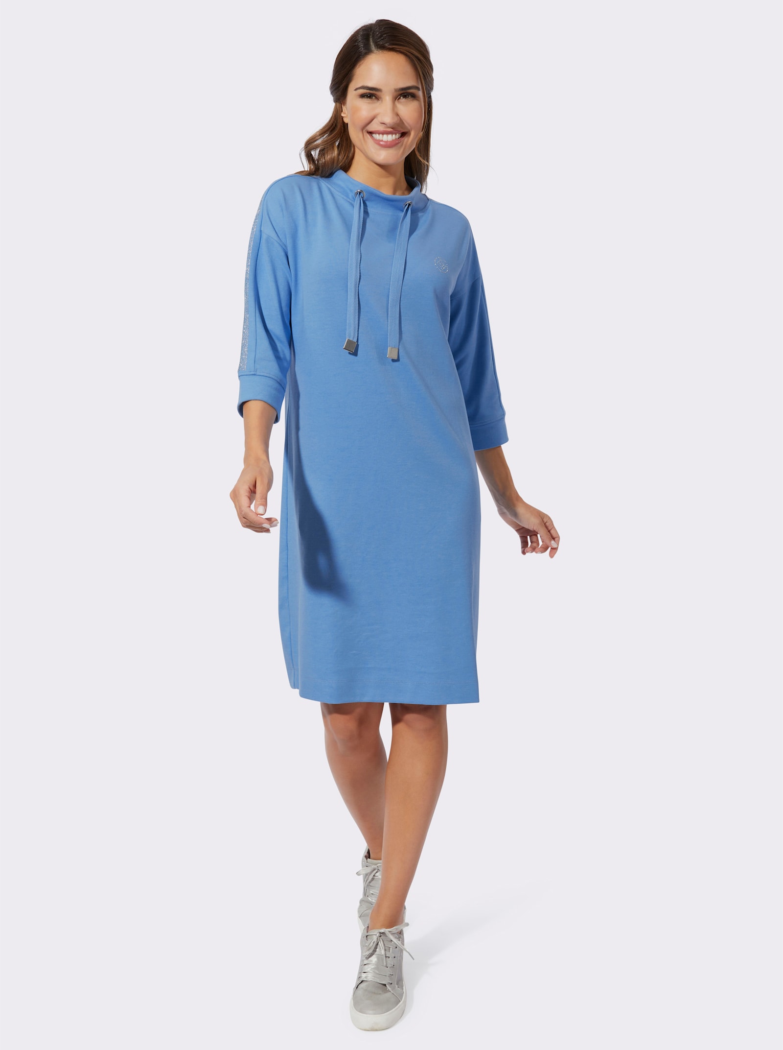 Jerseykleid mit Stehkragen und Tunnelzug - himmelblau
